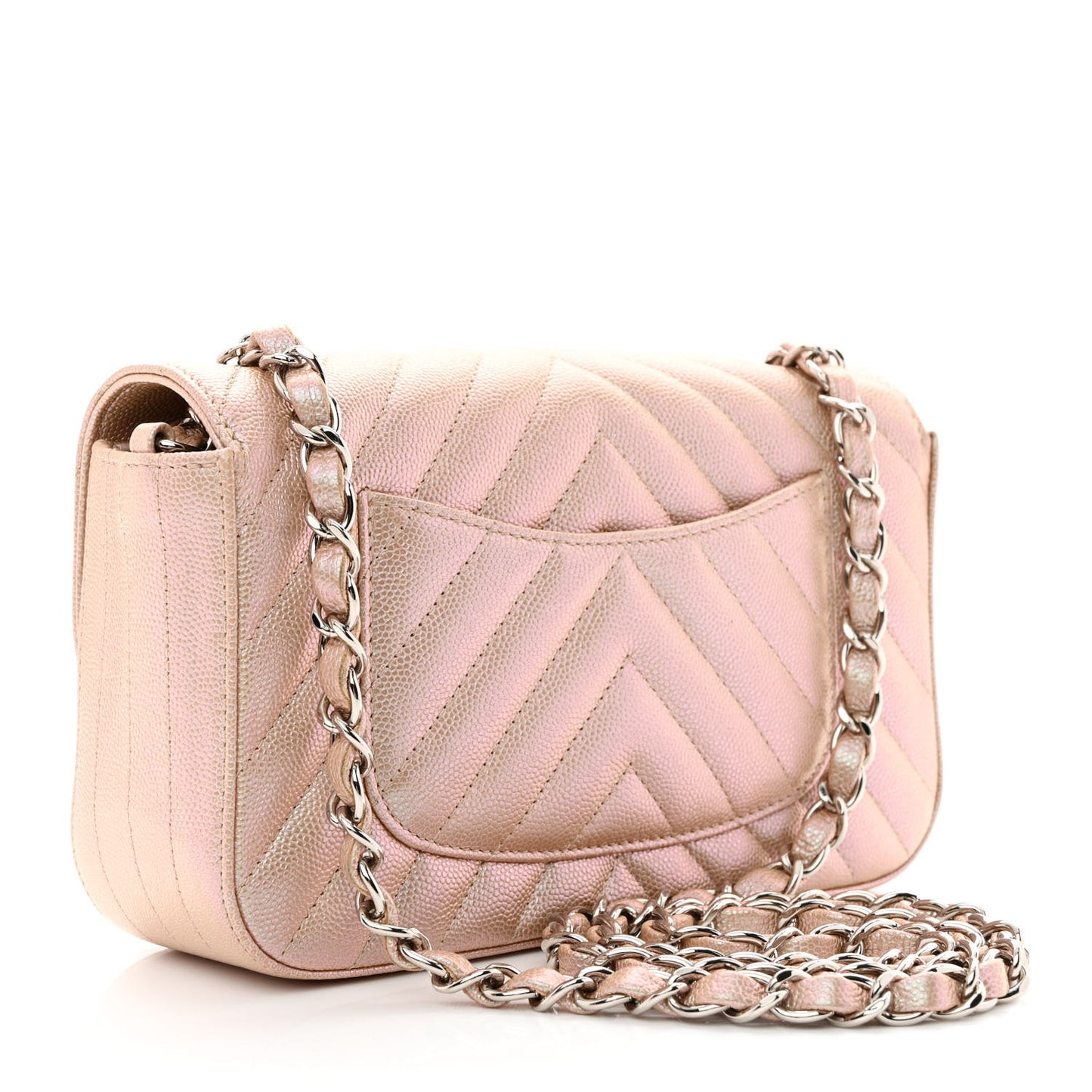 Iridescent Caviar Chevron Quilted Mini Rectangular Flap Light Gold