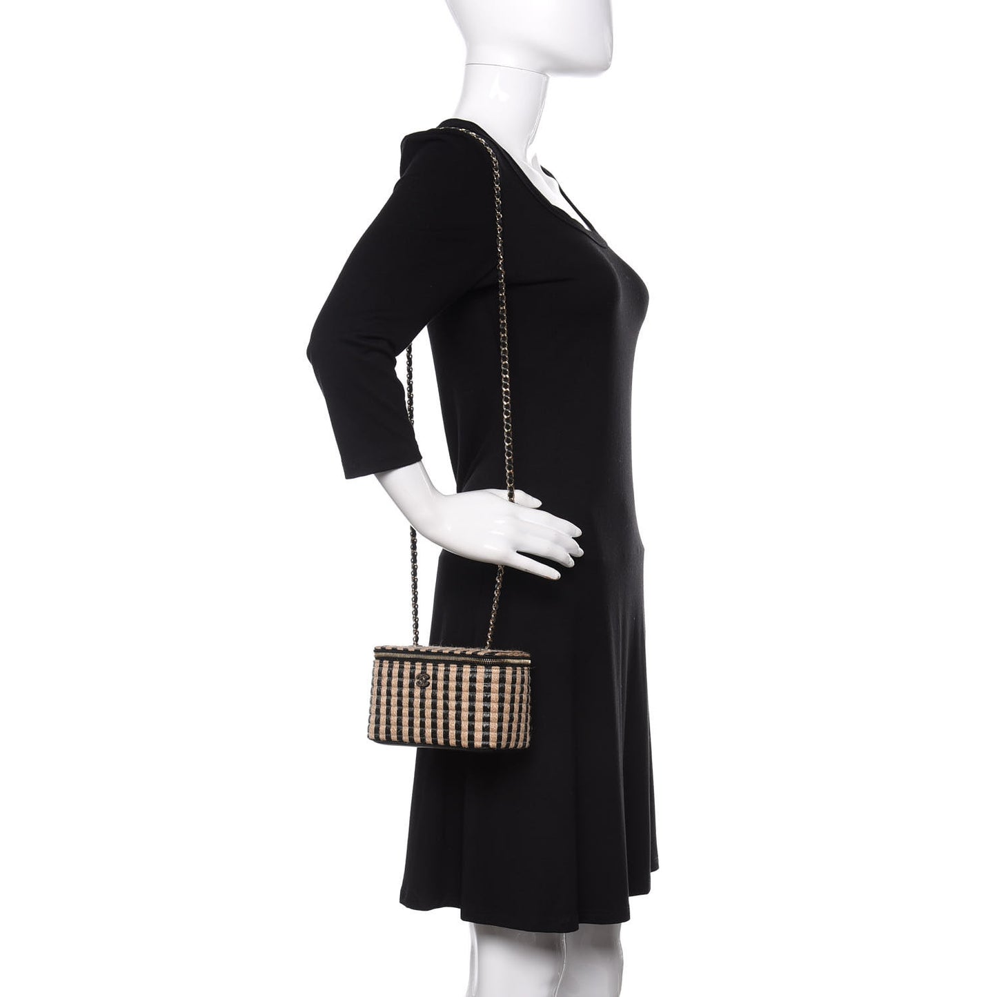 Raffia Jute Striped Small Vanity Case With Chain Black Beige