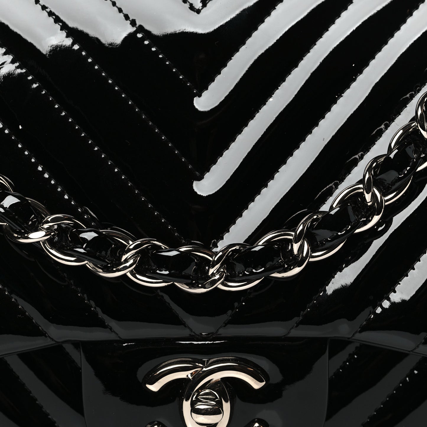 Patent Chevron Quilted Jumbo Double Flap Black
