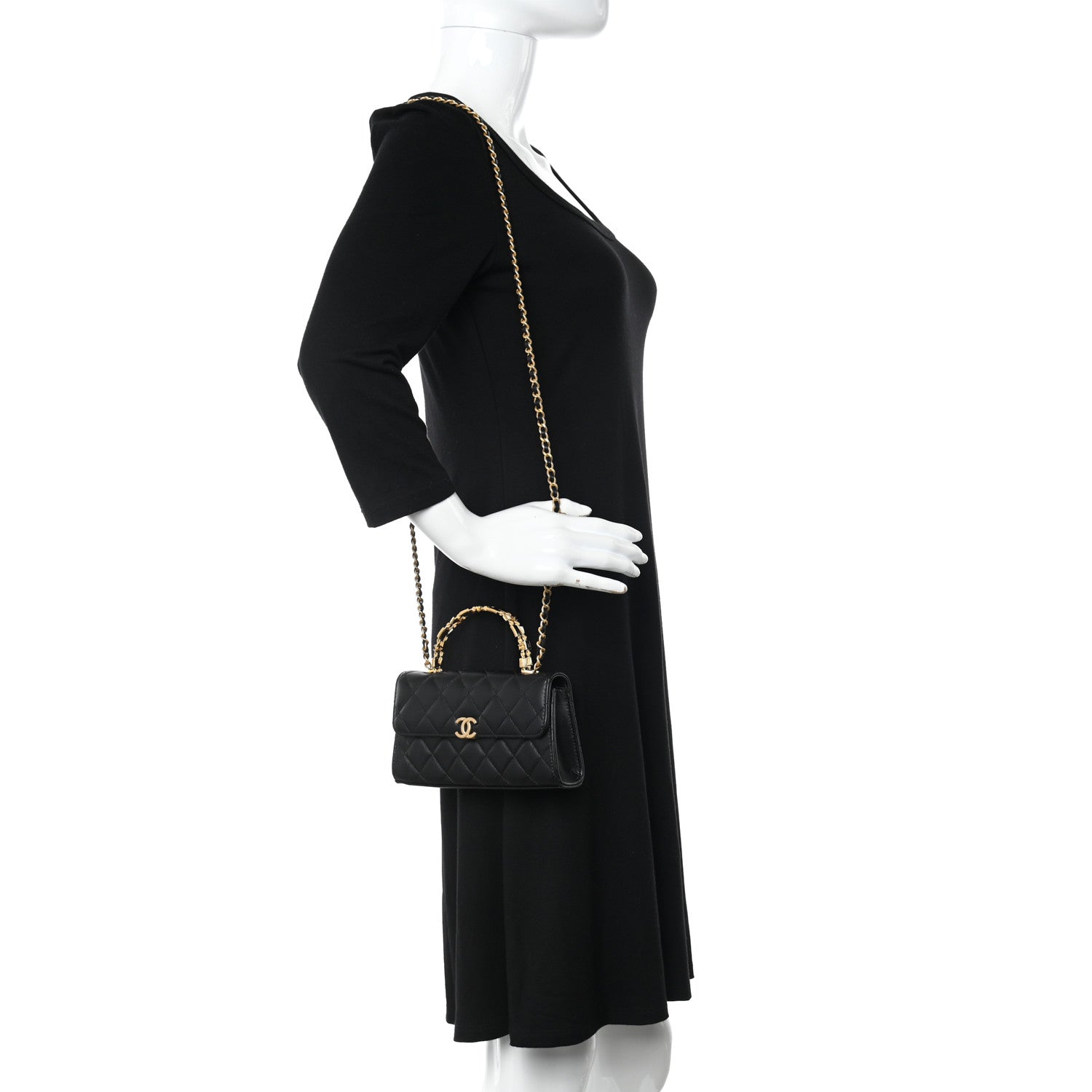 Chanel Lambskin Enamel Quilted Top Handle Flap Phone Holder With Chain Black 2 of 9