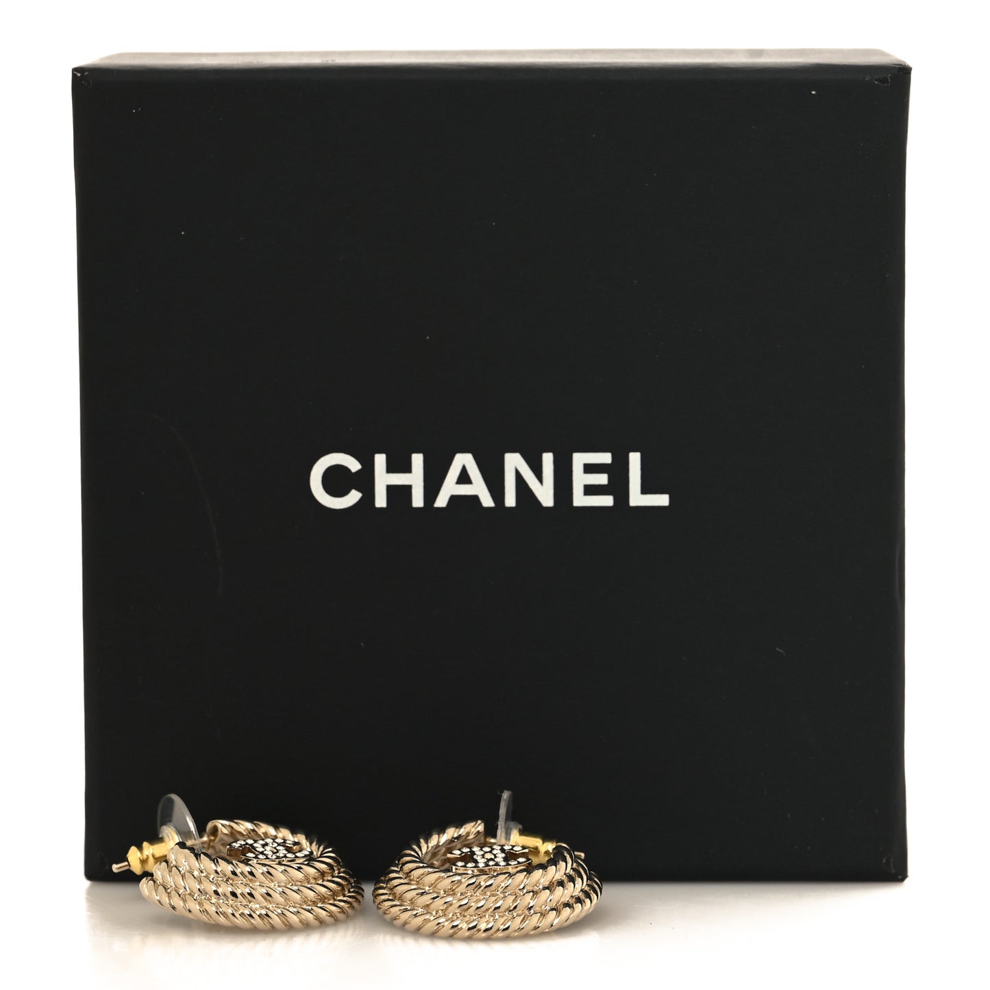 Metal Crystal CC Rope Hoop Earrings Gold
