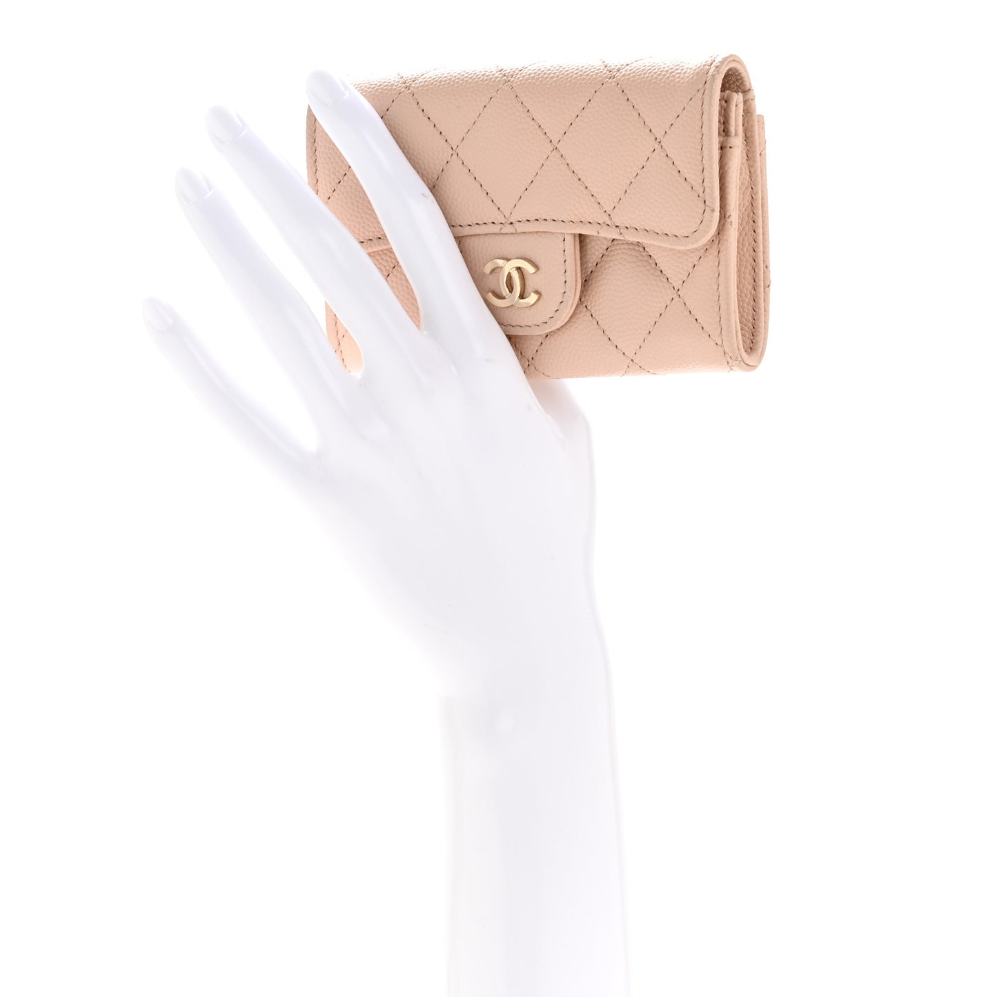 Caviar Quilted Flap Card Holder Wallet Light Beige
