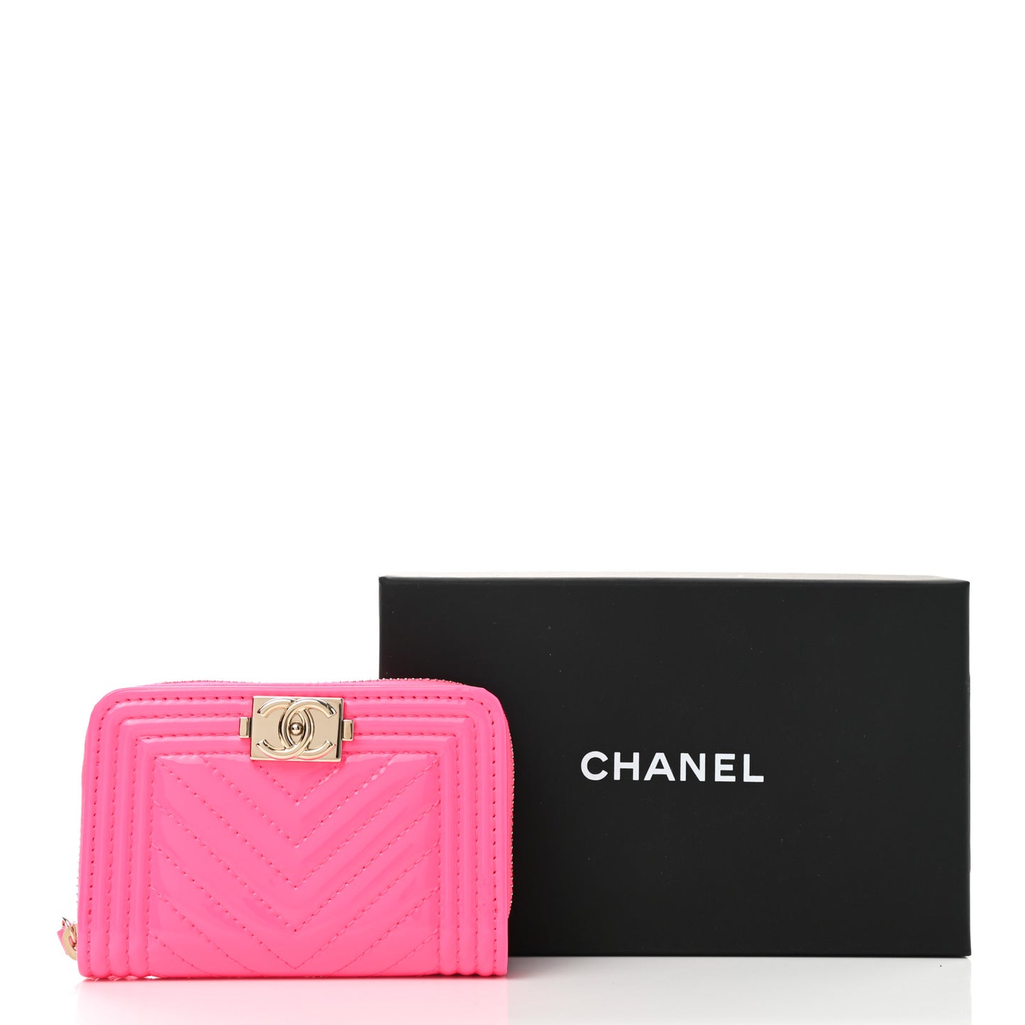 Patent Chevron Quilted Zip Around Boy Coin Purse Wallet Neon Pink