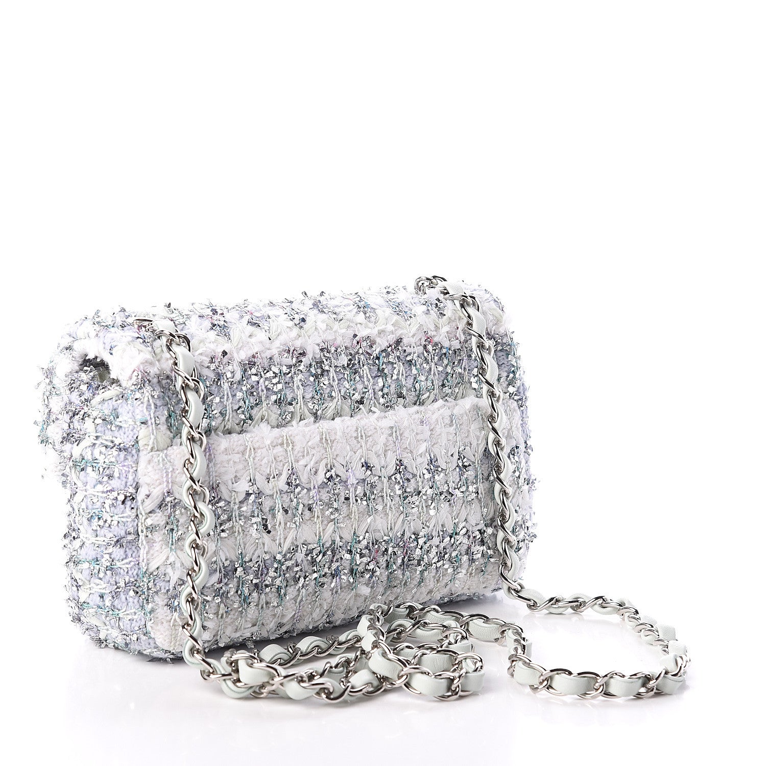 Chanel Tweed Quilted Mini Rectangular Flap Light Green Silver White 2 of 8
