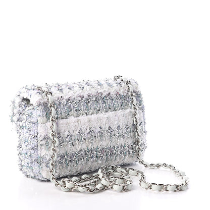 Chanel Tweed Quilted Mini Rectangular Flap Light Green Silver White 2 of 8