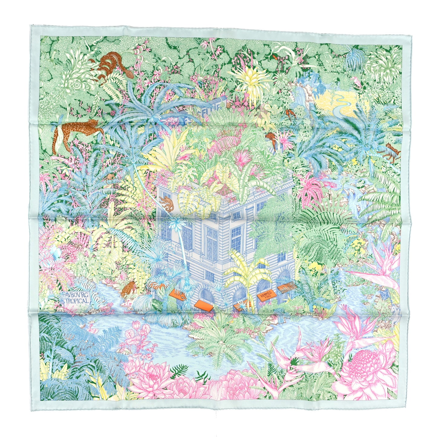 Silk Twill Faubourg Tropical Scarf 90 Bleu Vert Jaune