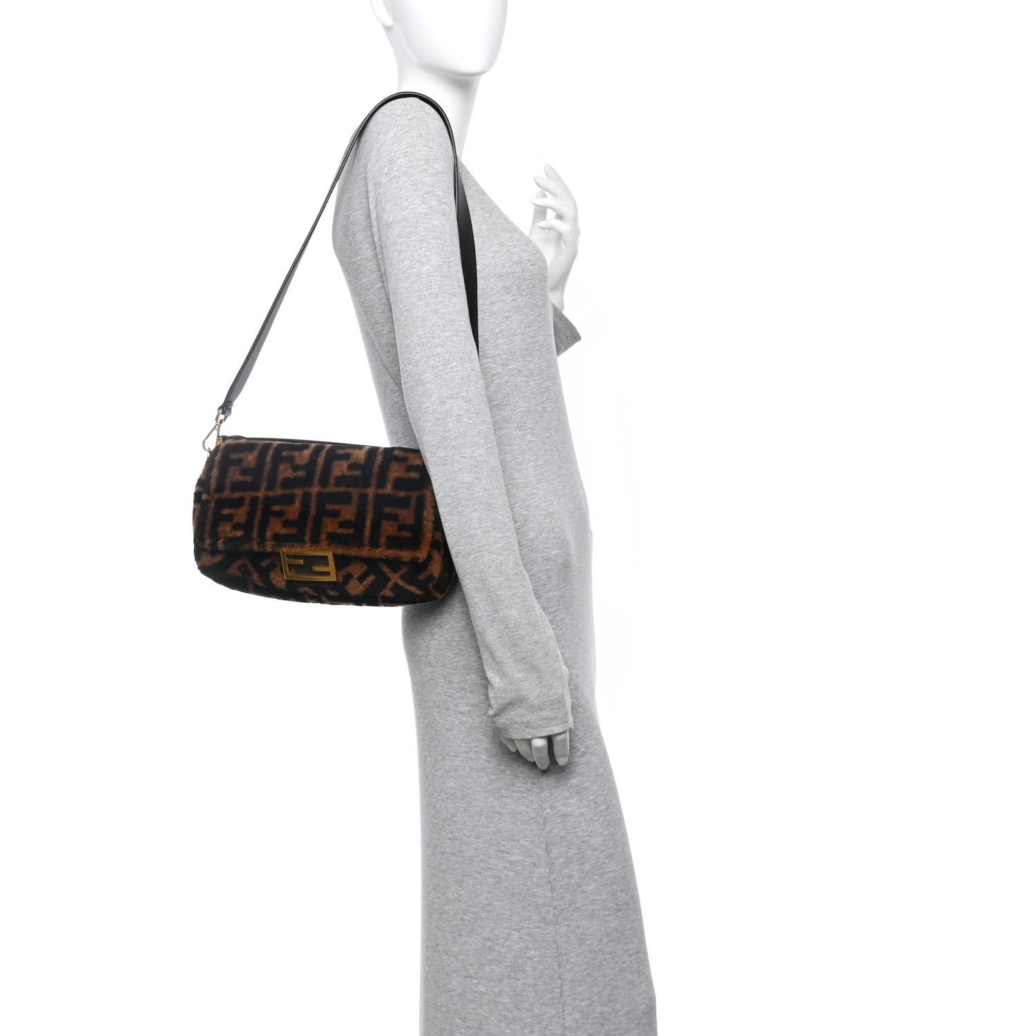 Fendi Shearling Vitello Dolce Macro FF 1974 Baguette Tobacco Black