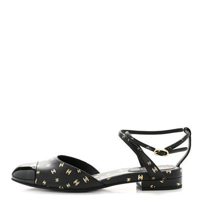 Chanel Printed Lambskin Patent Calfskin Cap Toe CC Slingbacks 36.5 Black Gold 1 of 10