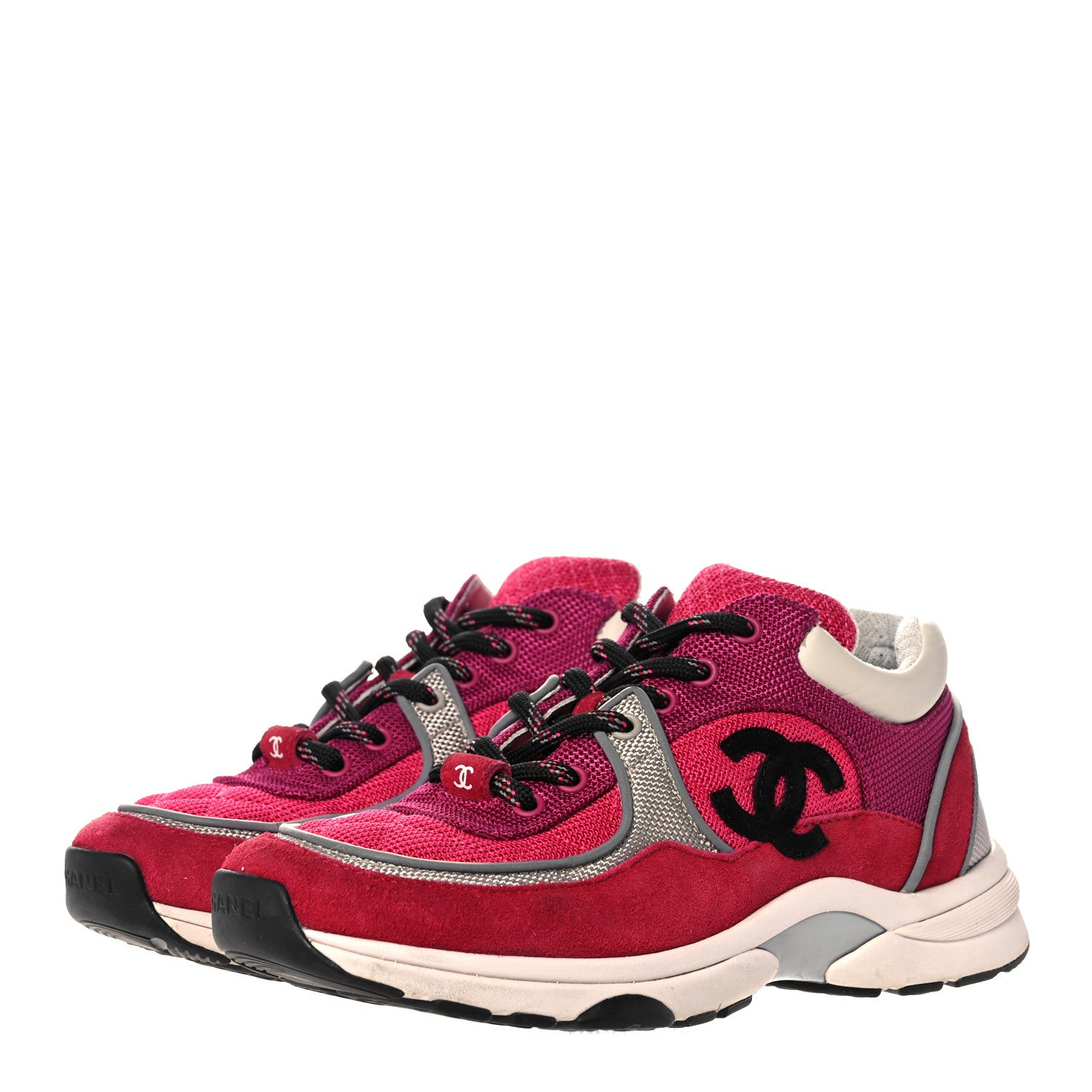 Chanel Mesh Suede Calfskin Grained Calfskin Womens CC Sneakers 37 Dark Pink Silver 3 of 13