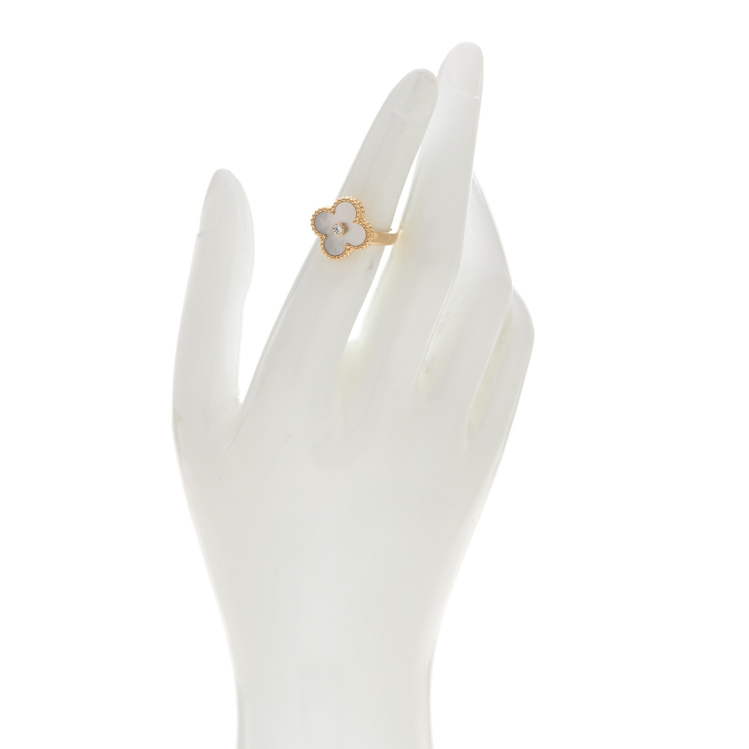 Van Cleef & Arpels 18K Yellow Gold Diamond Mother of Pearl Vintage Alhambra Ring 49 5 2 of 4