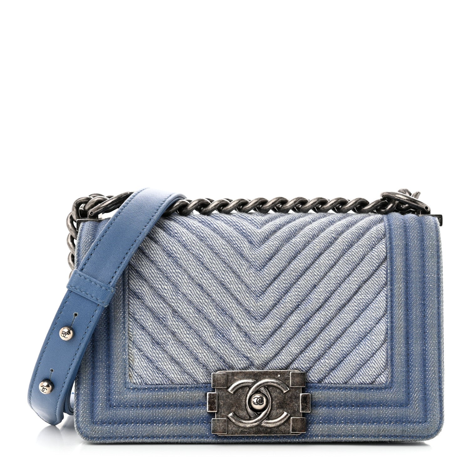 Chanel Denim Chevron Quilted Small Boy Flap Blue 1 of 13