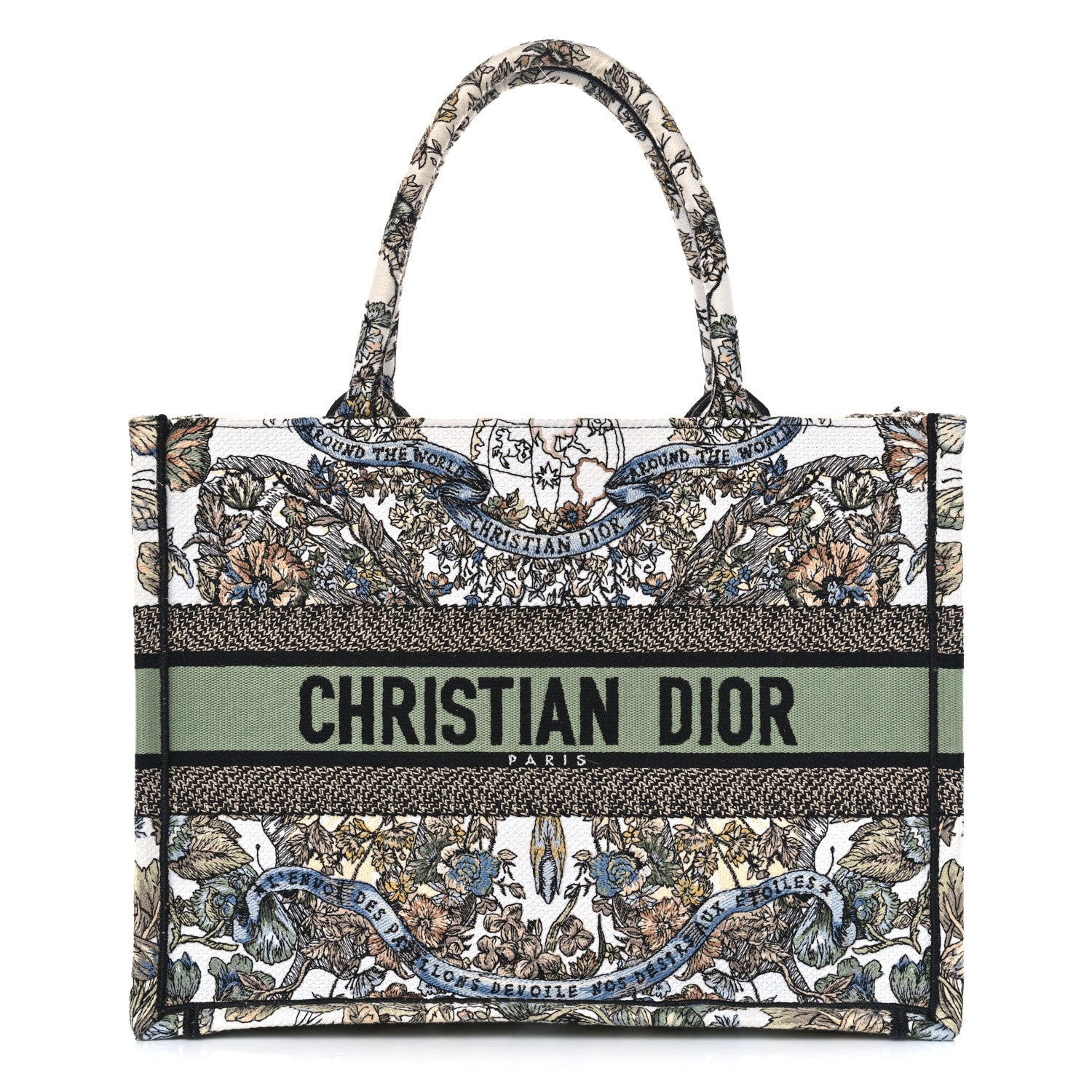 Christian Dior Canvas Embroidered Medium Around The World Book Tote White Multicolor 1 of 11