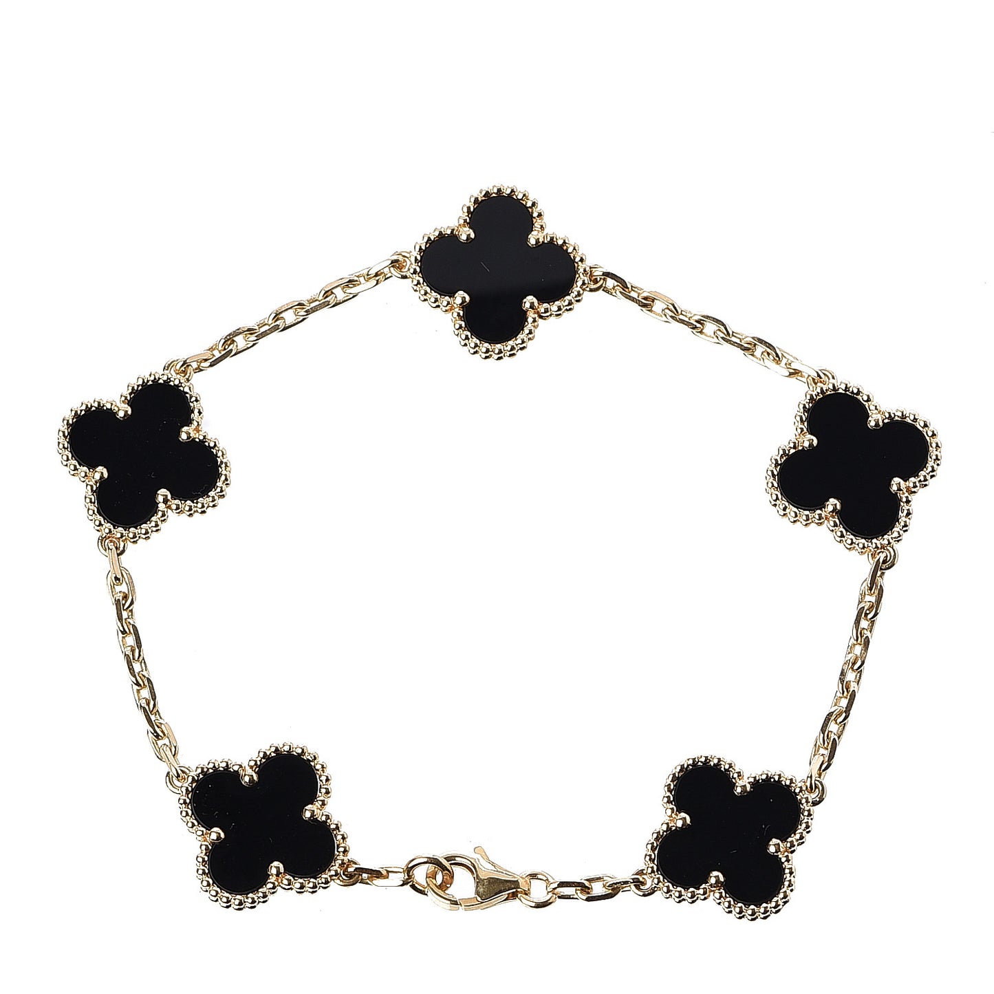 18K Yellow Gold Black Onyx 5 Motifs Vintage Alhambra Bracelet