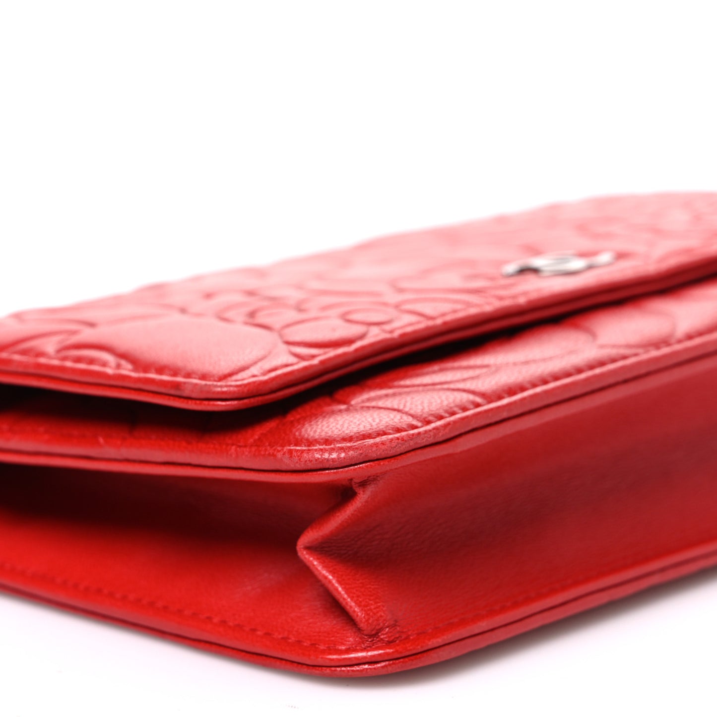 Lambskin Camellia Embossed Wallet on Chain WOC Red
