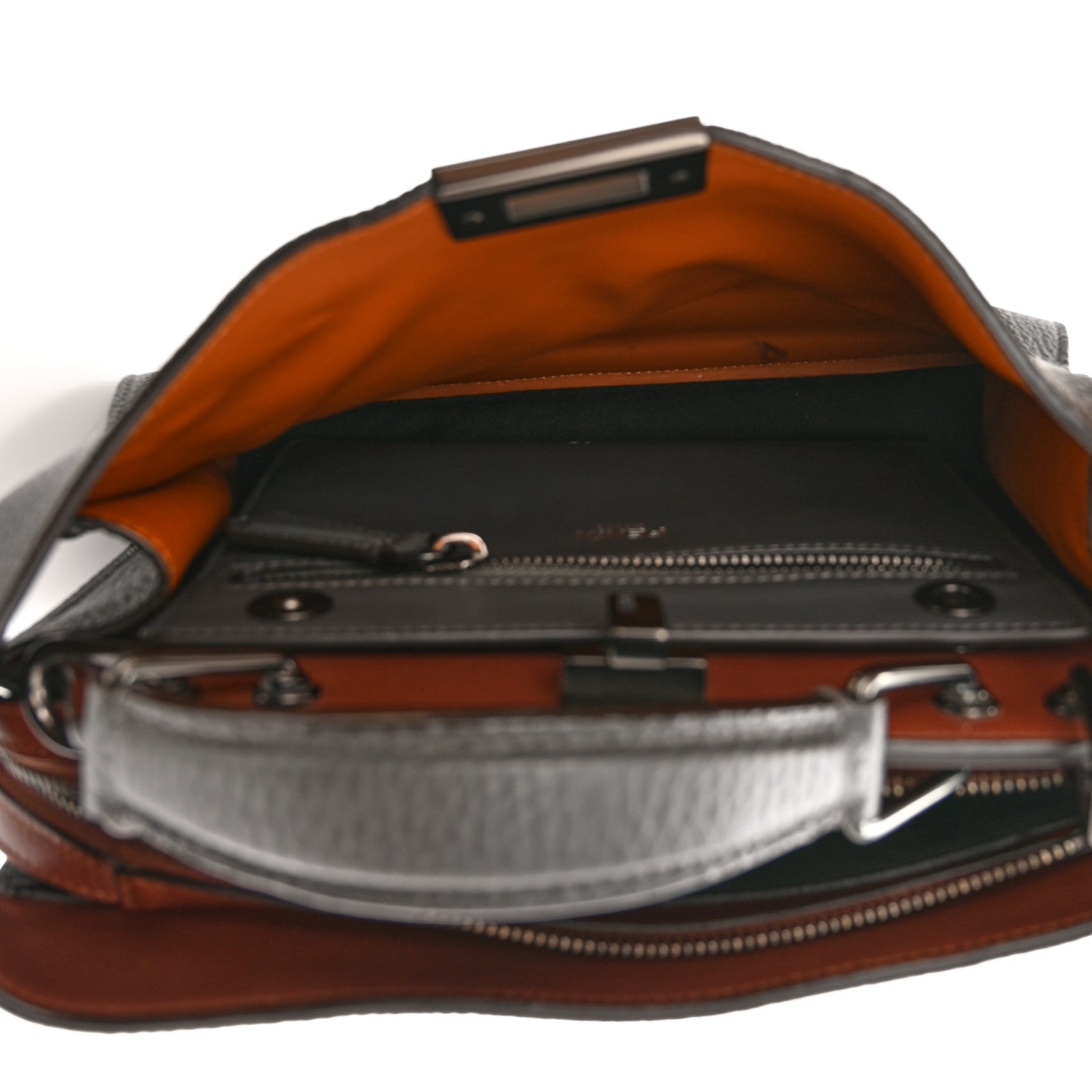 Fendi Cuoio Romano Vitello Cover Glazed Fabric Bi-Color FF 1974 Mini Peekaboo I SEE U Satchel Asfalto Praline Tobacco Moro 6 of 11