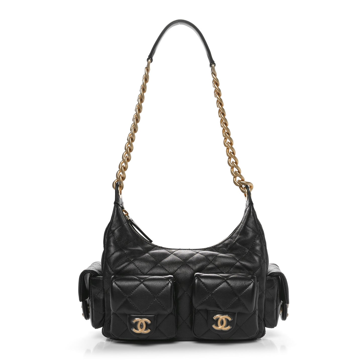 Shiny Lambskin Quilted Trendy Pockets Hobo Black