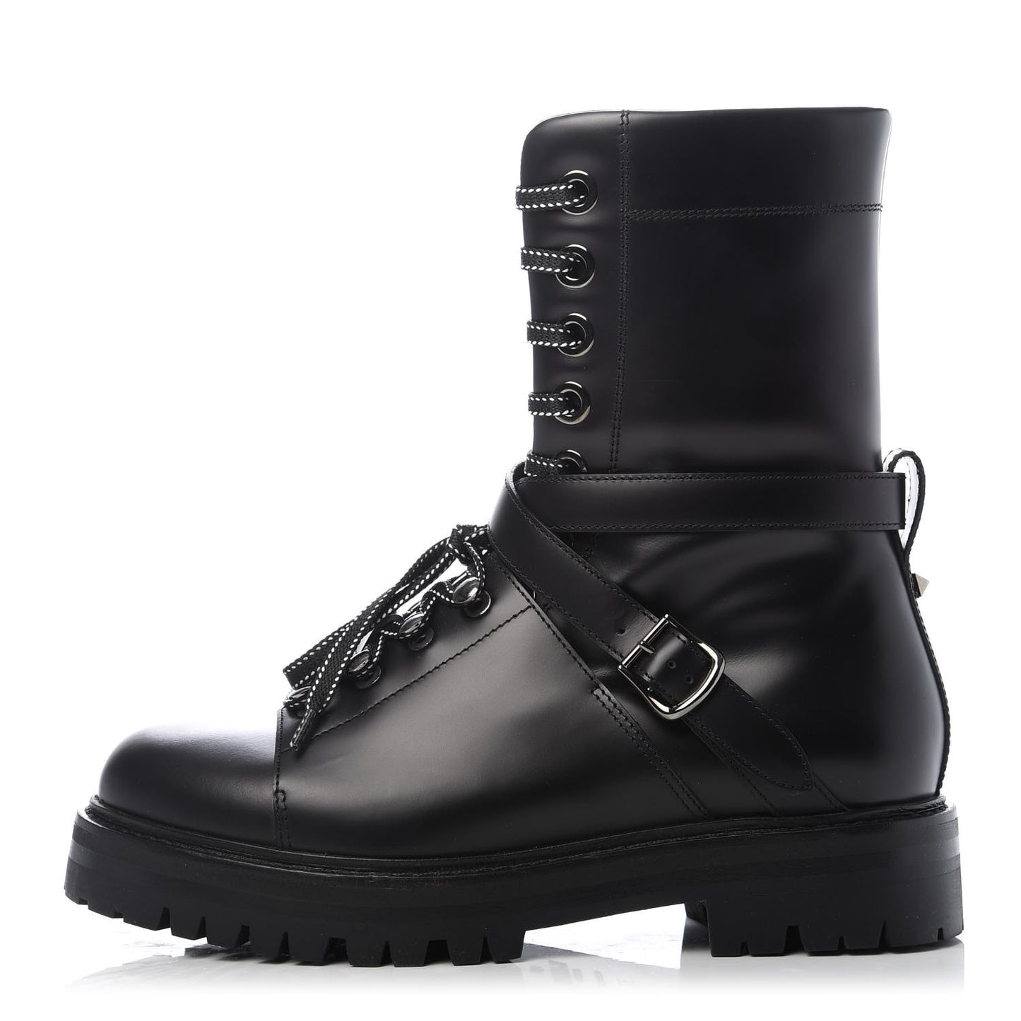 Smooth Calfskin Rockstud Buckled 25mm Combat Boots 37 Black