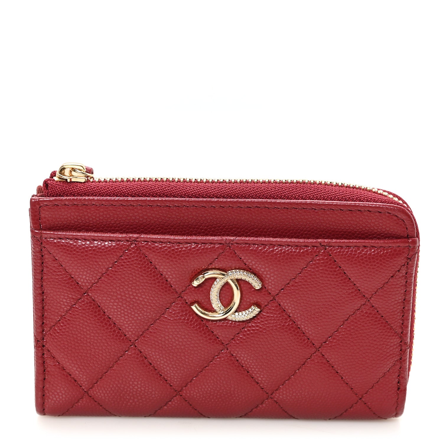 Chanel Caviar Quilted Crystal CC Zip Around Card Holder Red