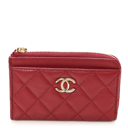 Chanel Caviar Quilted Crystal CC Zip Around Card Holder Red 1 of 7