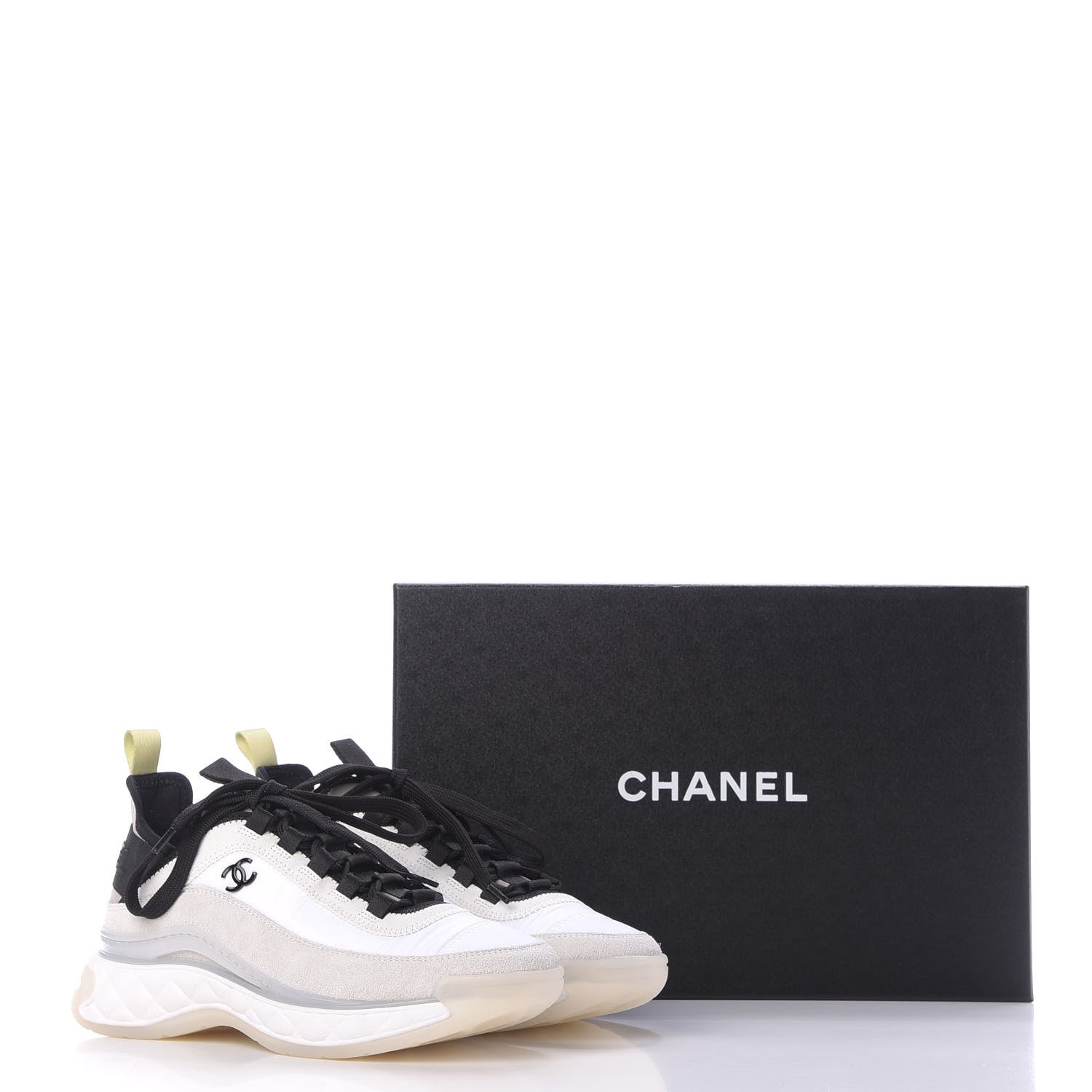 Chanel Nylon Calfskin Suede CC Sneakers 36.5 White Grey Yellow 11 of 11