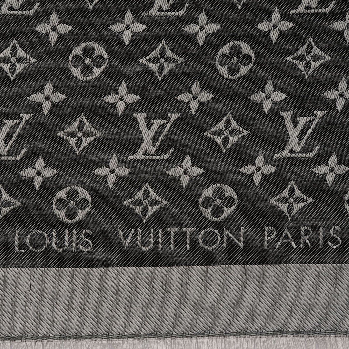 Wool Silk Monogram Denim Shawl Black