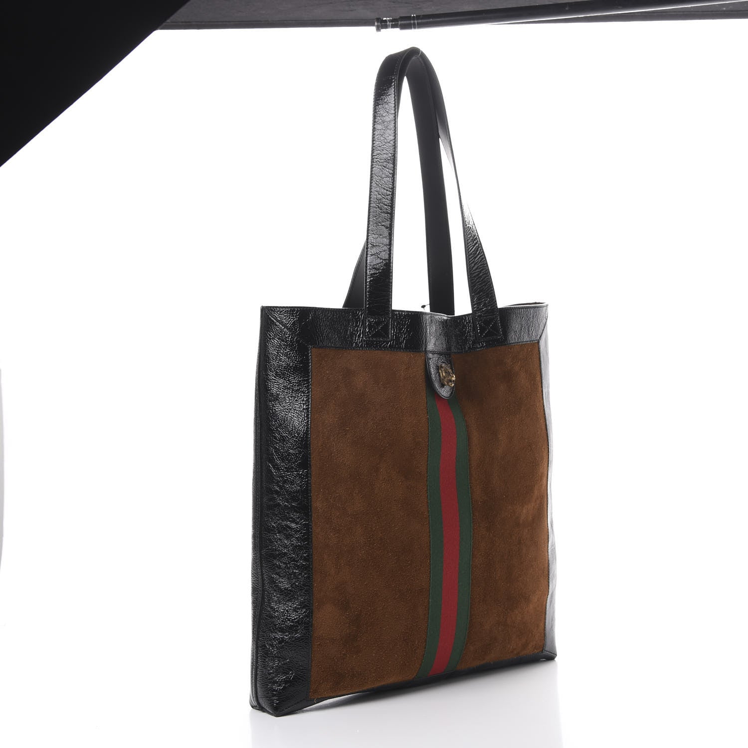 Gucci Suede Patent Web Large Ophidia Vertical Shopping Tote Nocciola Black 3 of 11