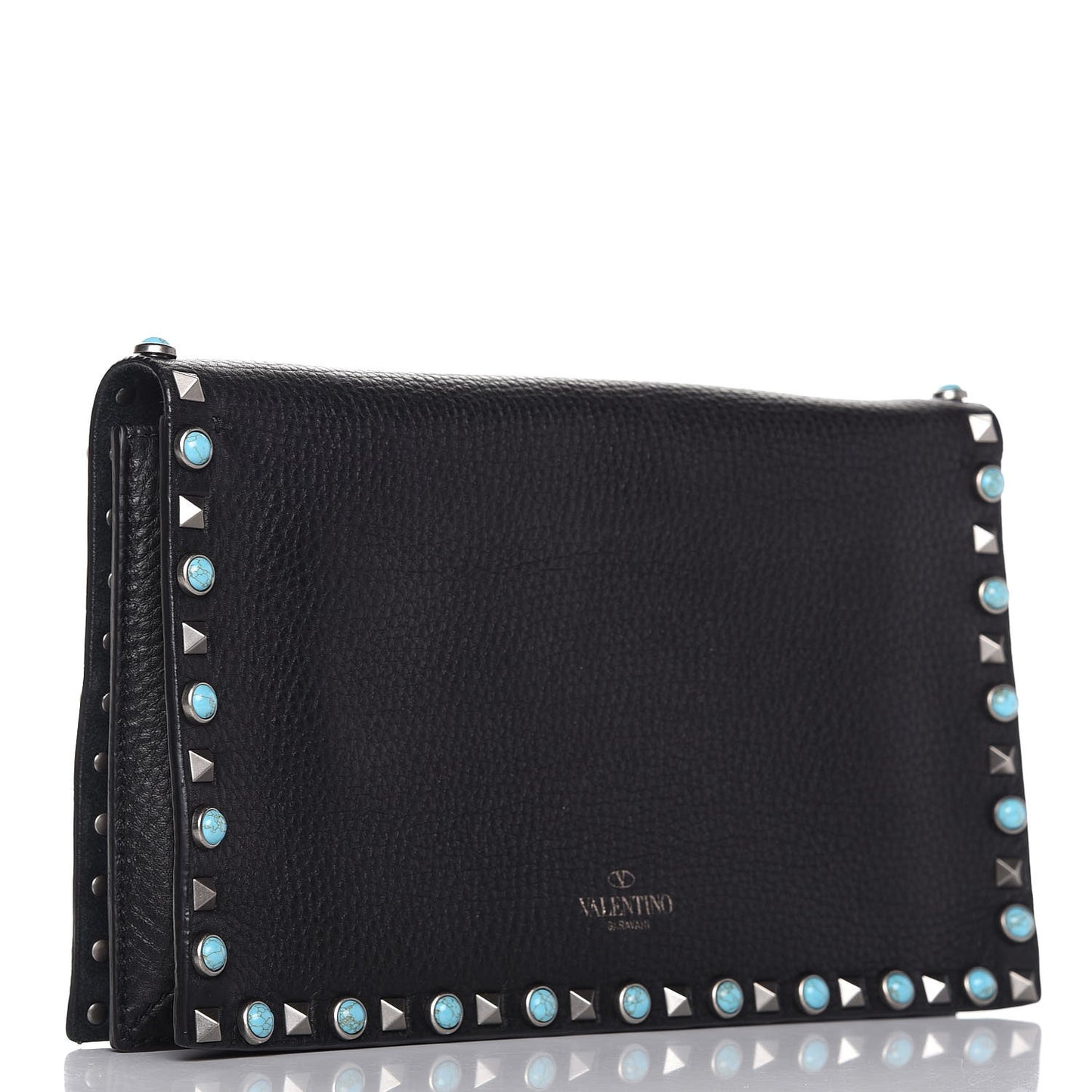 Pebbled Calfskin Rockstud Rolling Wristlet Clutch Black