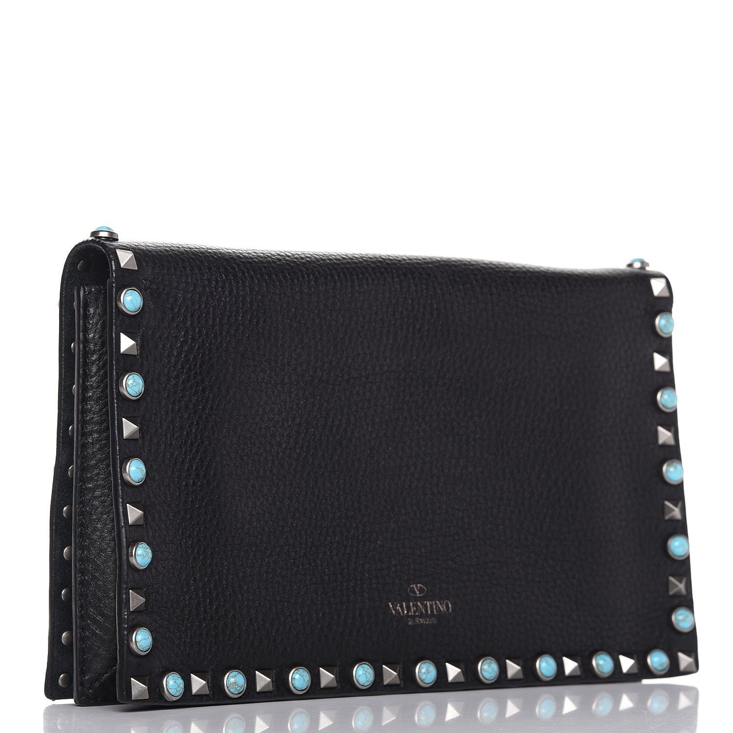 Valentino Garavani Pebbled Calfskin Rockstud Rolling Wristlet Clutch Black 3 of 8