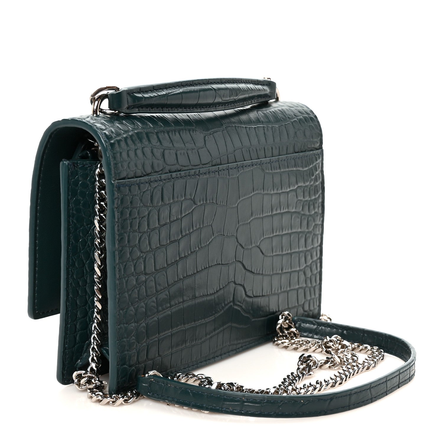 Saint Laurent Calfskin Crocodile Embossed Monogram Sunset Chain Wallet Dark Turquoise 3 of 10