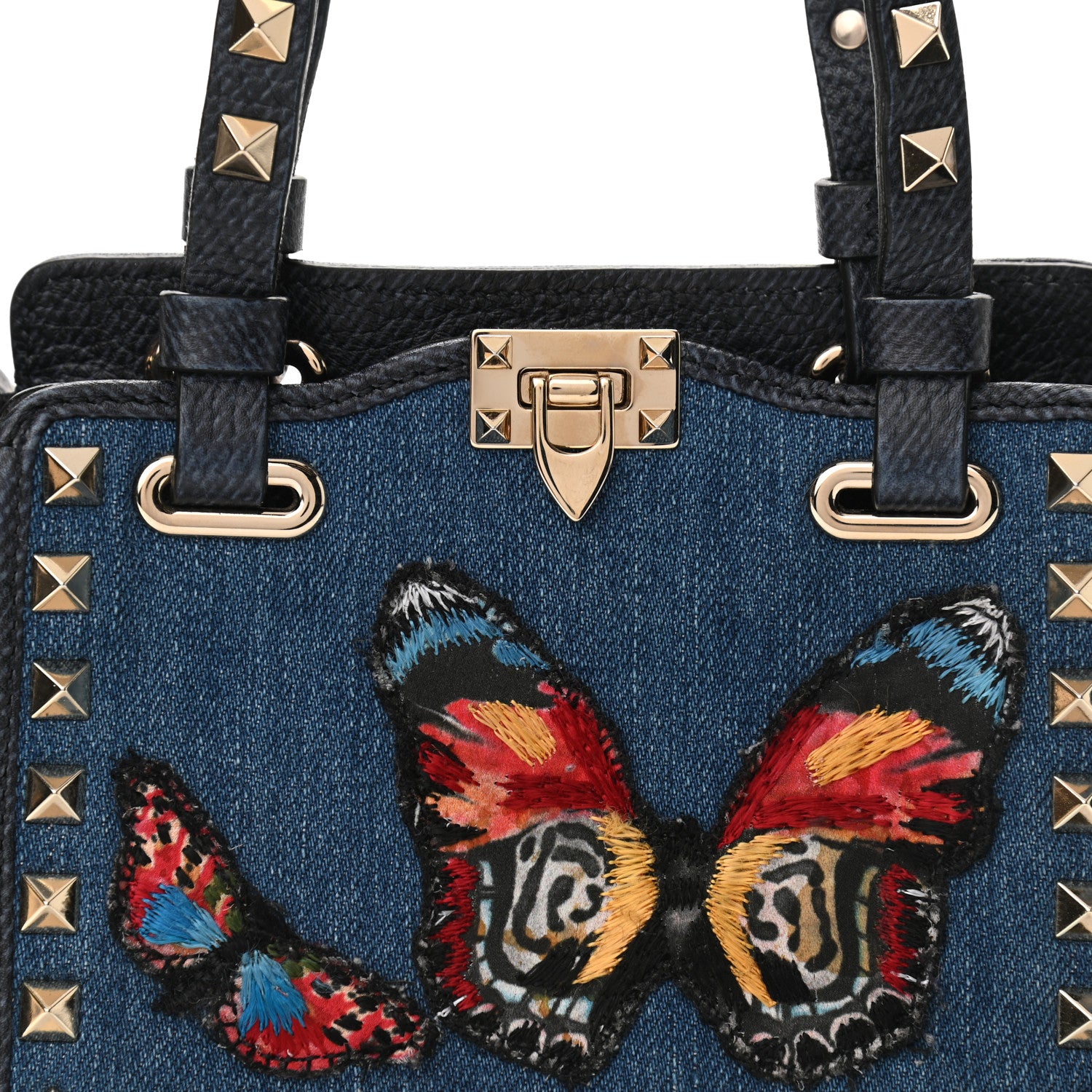 Valentino Garavani Denim Butterfly Embroidered Mini Rockstud Tote Blue Multicolor 7 of 11