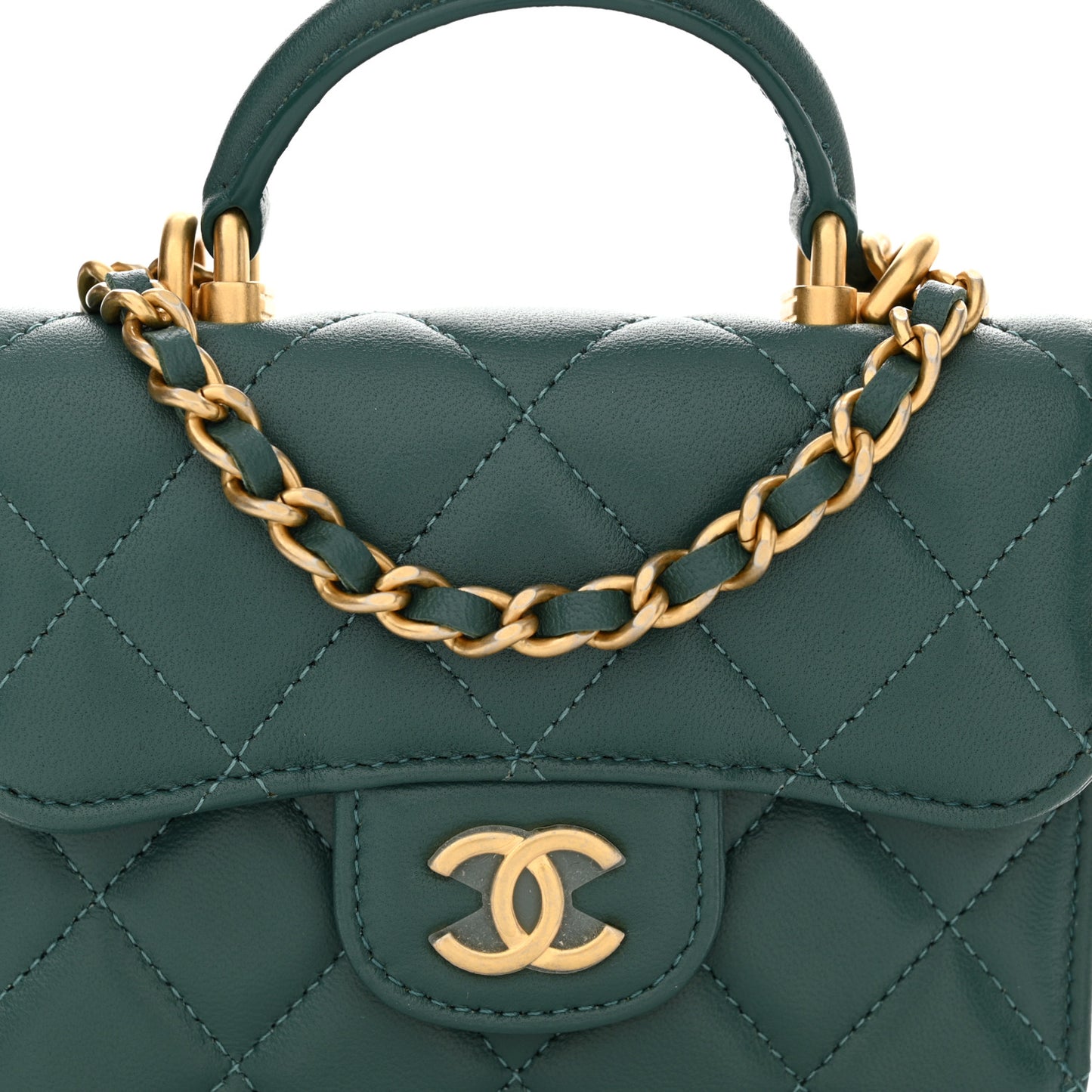 Lambskin Quilted Top Handle Flap Coin Purse With Chain Green