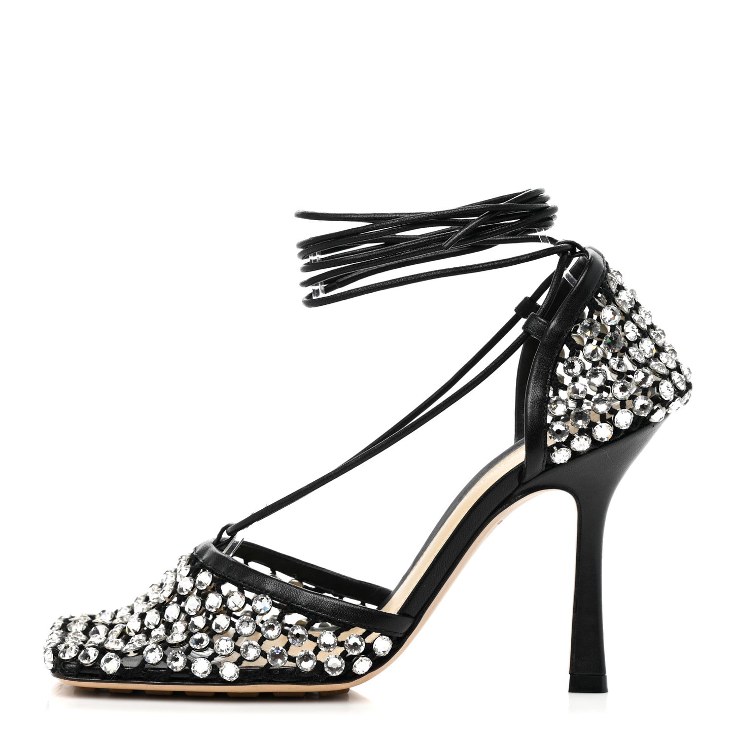 Mesh Nappa Crystal Embellished Sparkle Stretch Ankle Tie Sandals 36.5 Black