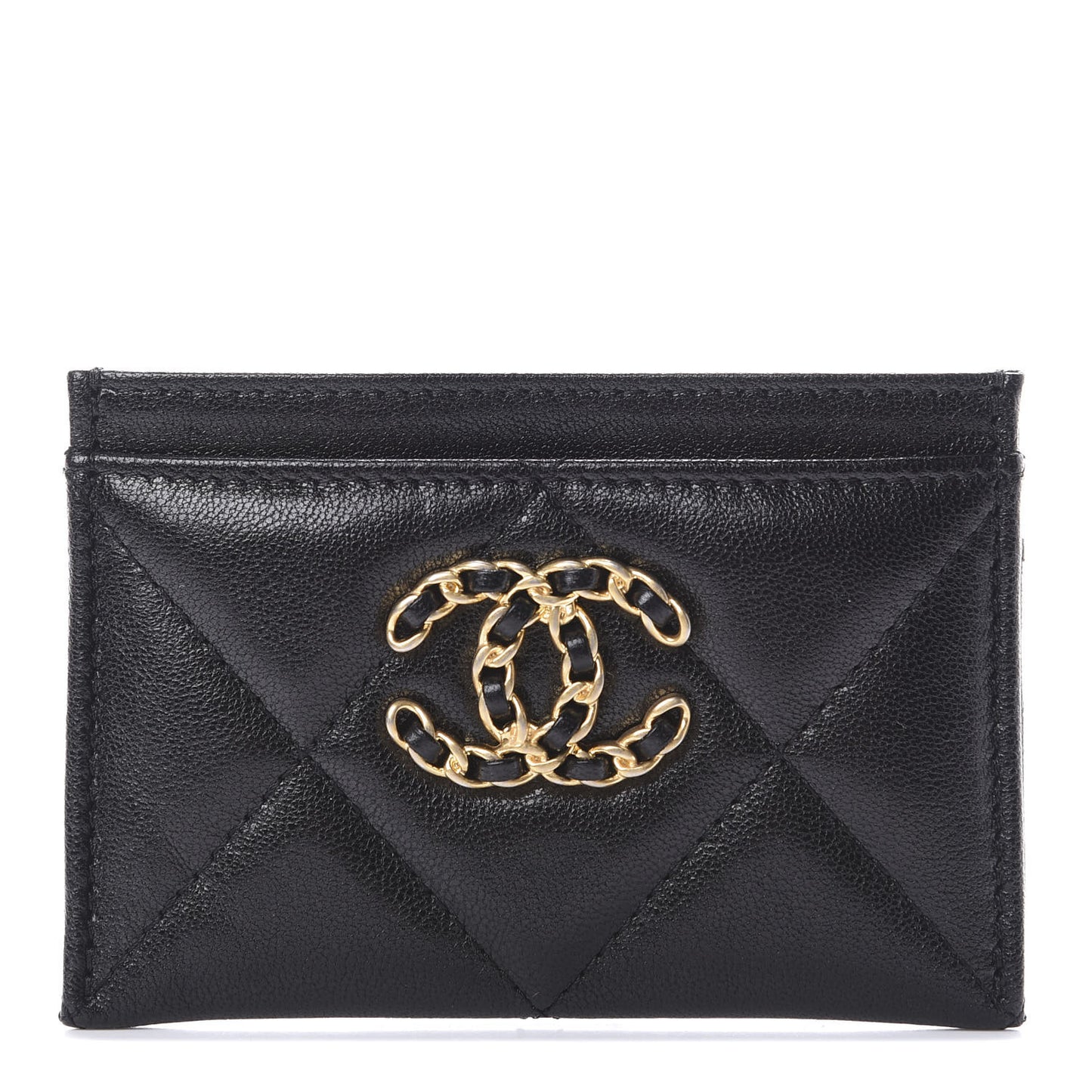 Shiny Goatskin Quilted Chanel 19 Card Holder Black