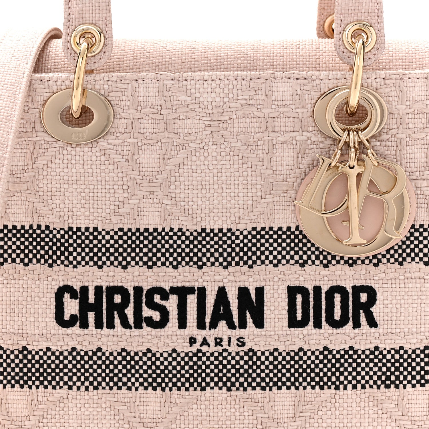 Christian Dior Raffia Woven Cannage Embroidered Medium Lady D-Lite Light Pink Black 8 of 10
