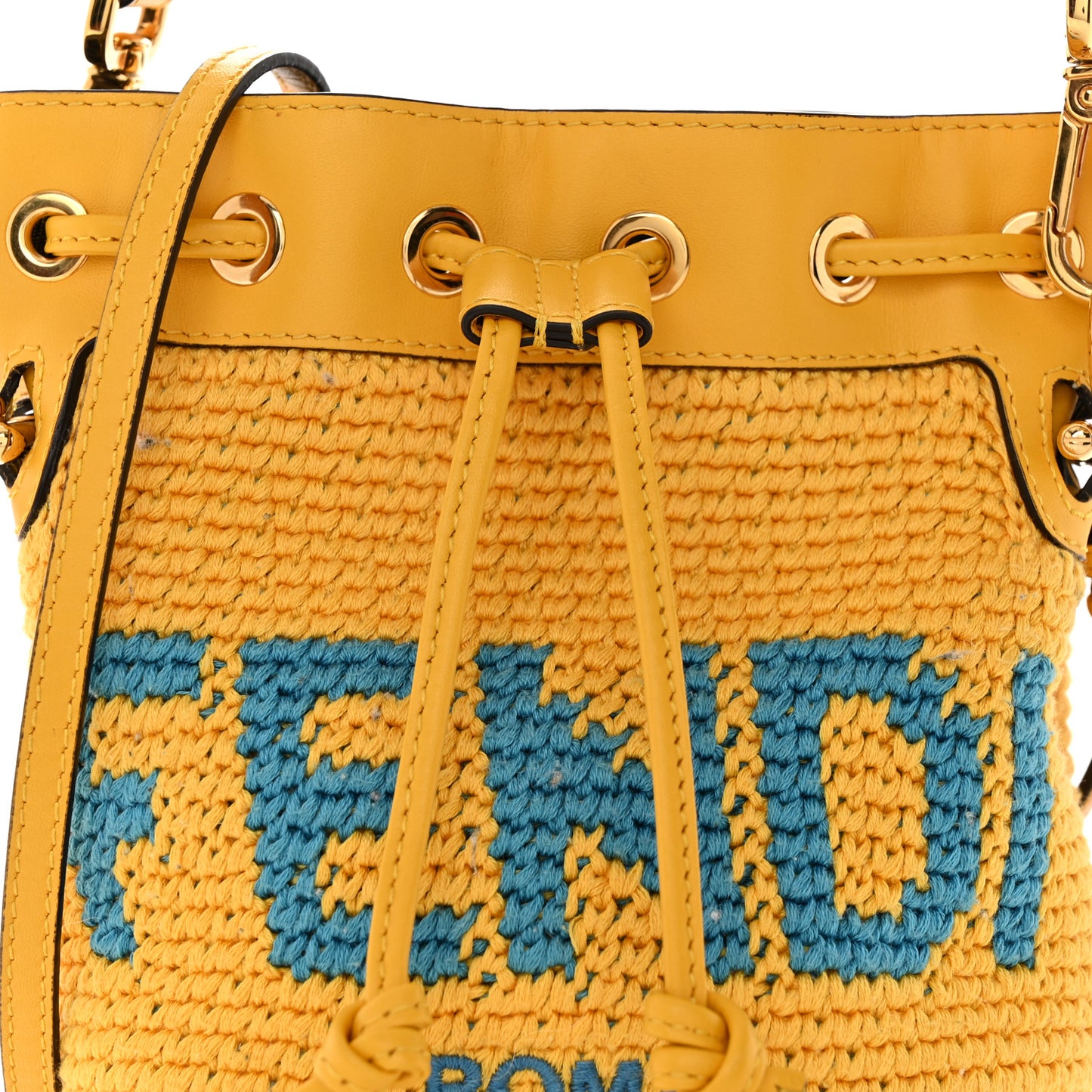 Crochet Vitello King F is Fendi Logo Woven Mini Mon Tresor Bucket Bag Mimosa Cyber Blue