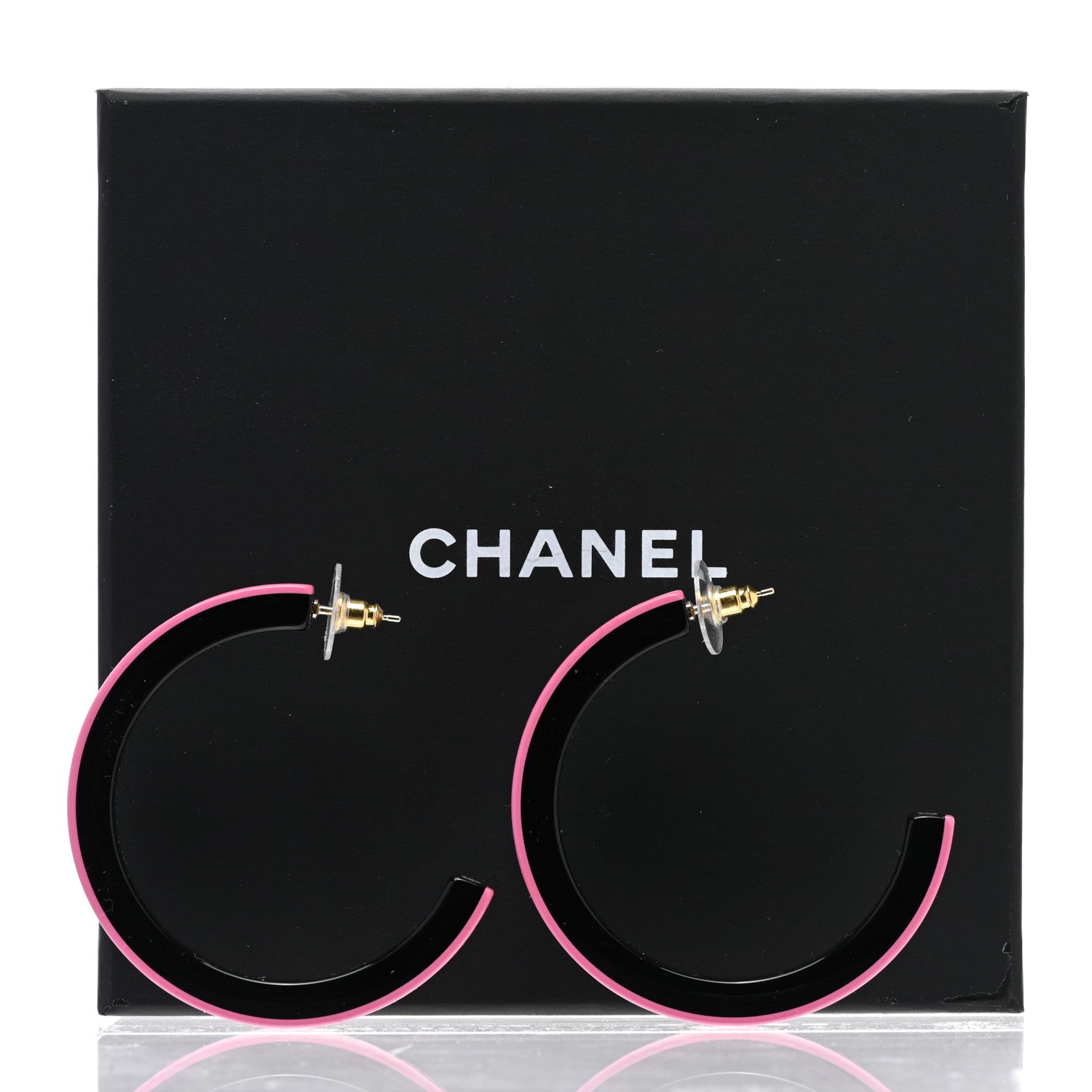 Chanel Resin Logo Hoop Earrings Pink Black 6 of 6