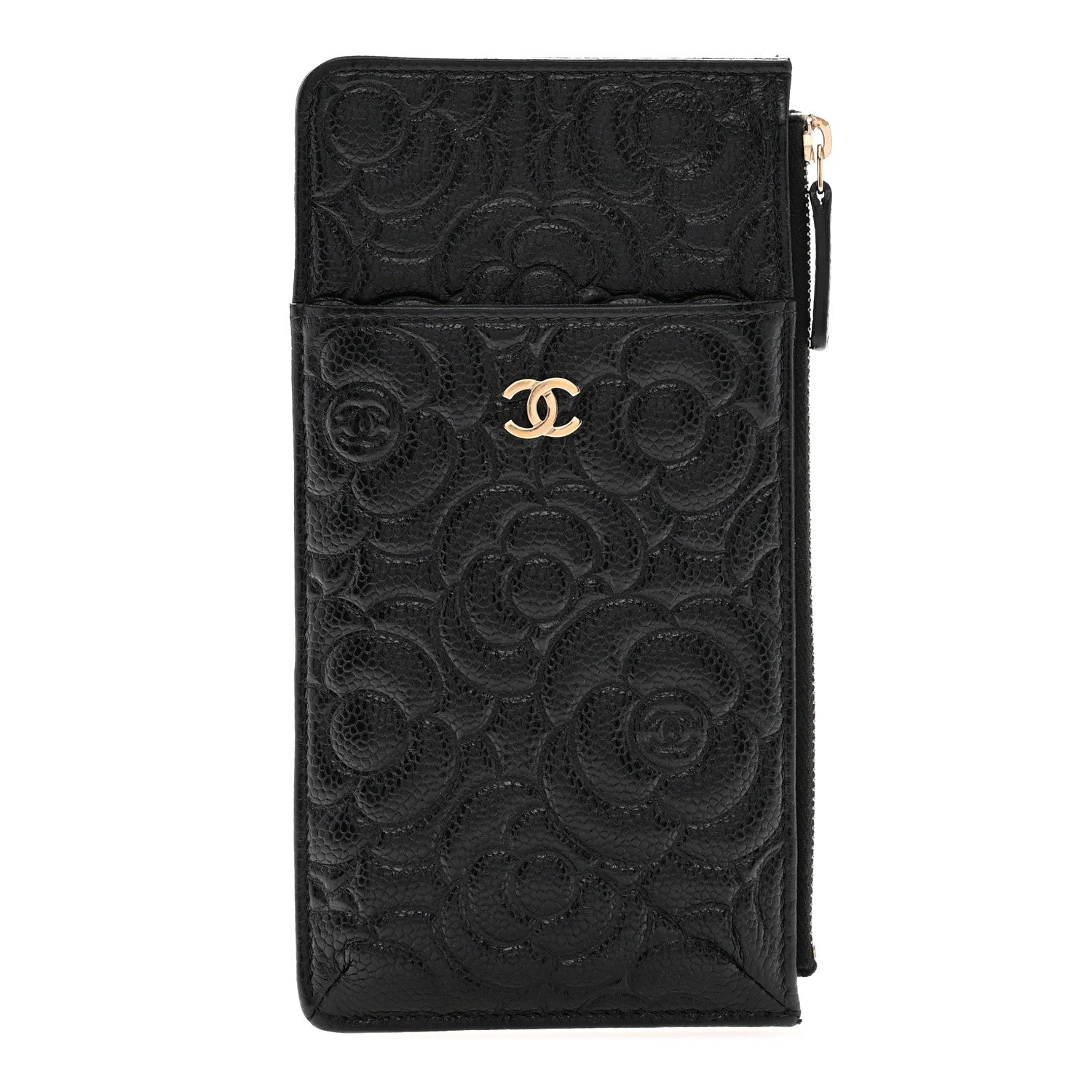 Chanel Caviar Camellia Embossed Classic Flat Wallet Pouch Black 1 of 8