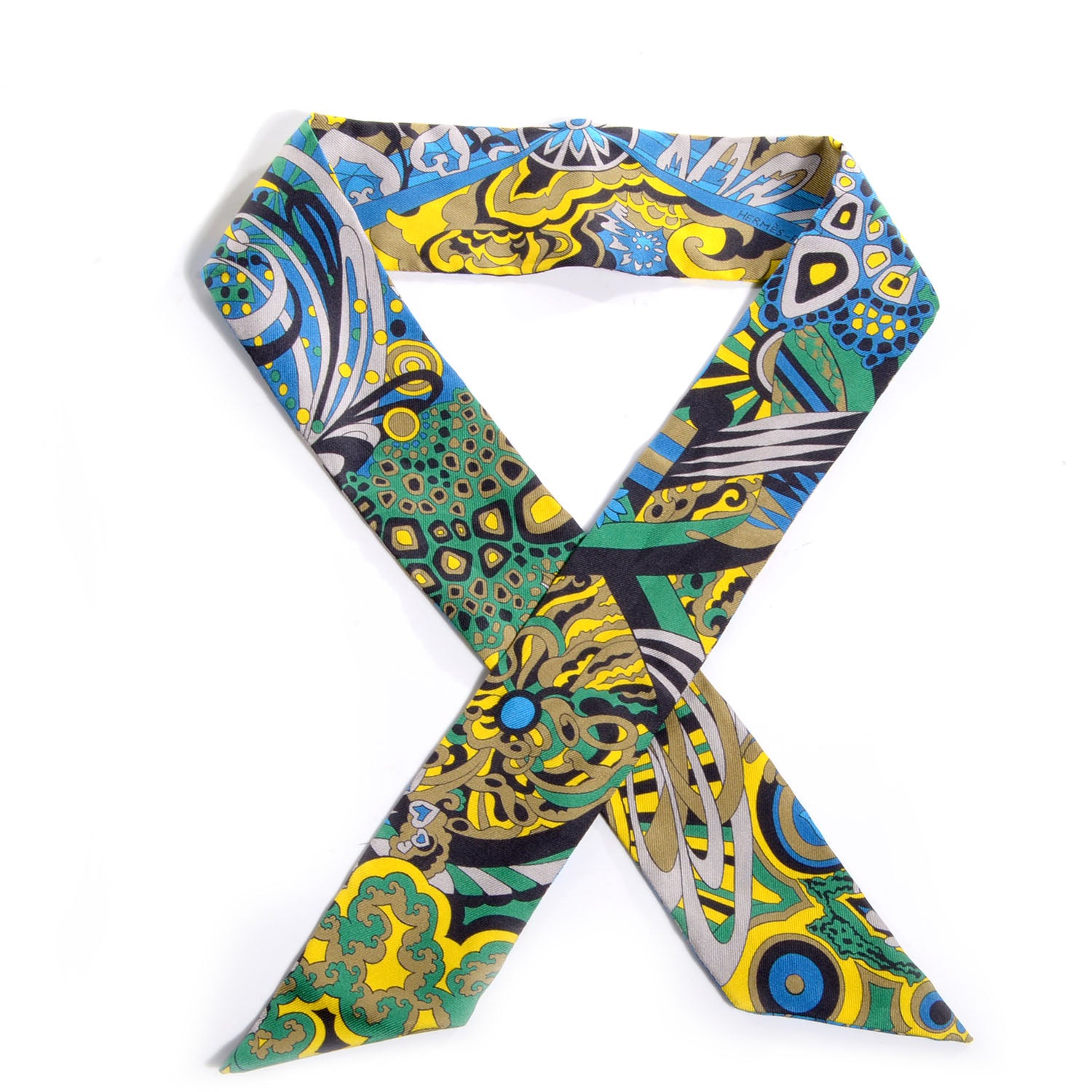 Hermes Silk L'Art Indien Des Plaines Twilly Indigo Jaune Bleu 1 of 6