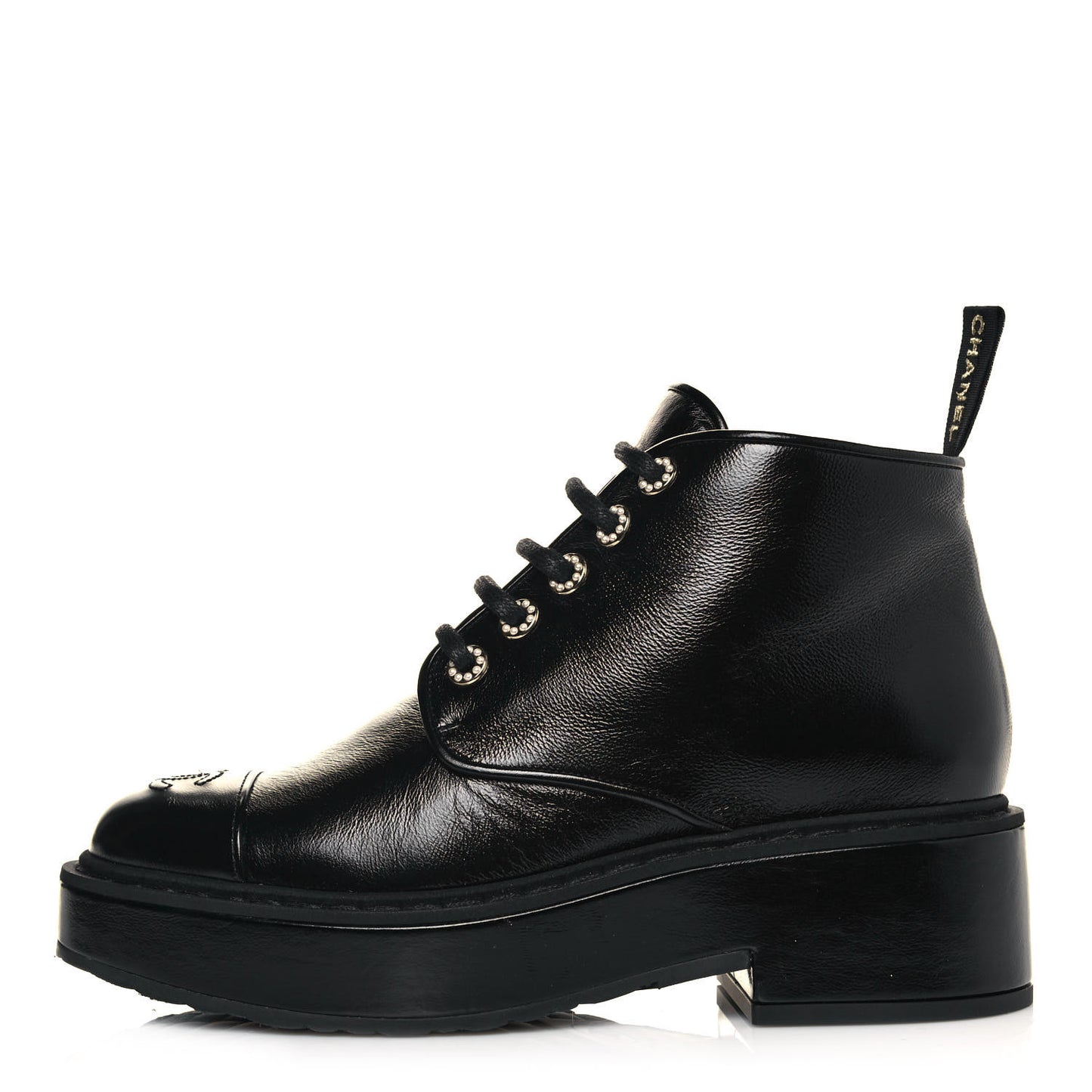 Shiny Calfskin Pearl Lace Up Combat Short Boots 39.5 Black