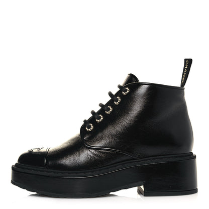 Chanel Shiny Calfskin Pearl Lace Up Combat Short Boots 39.5 Black 1 of 8