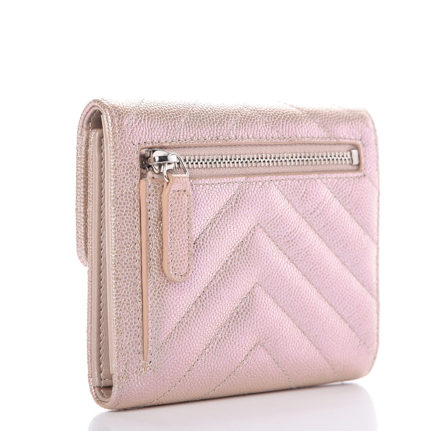 Metallic Caviar Chevron Quilted Compact Flap Wallet Light Gold