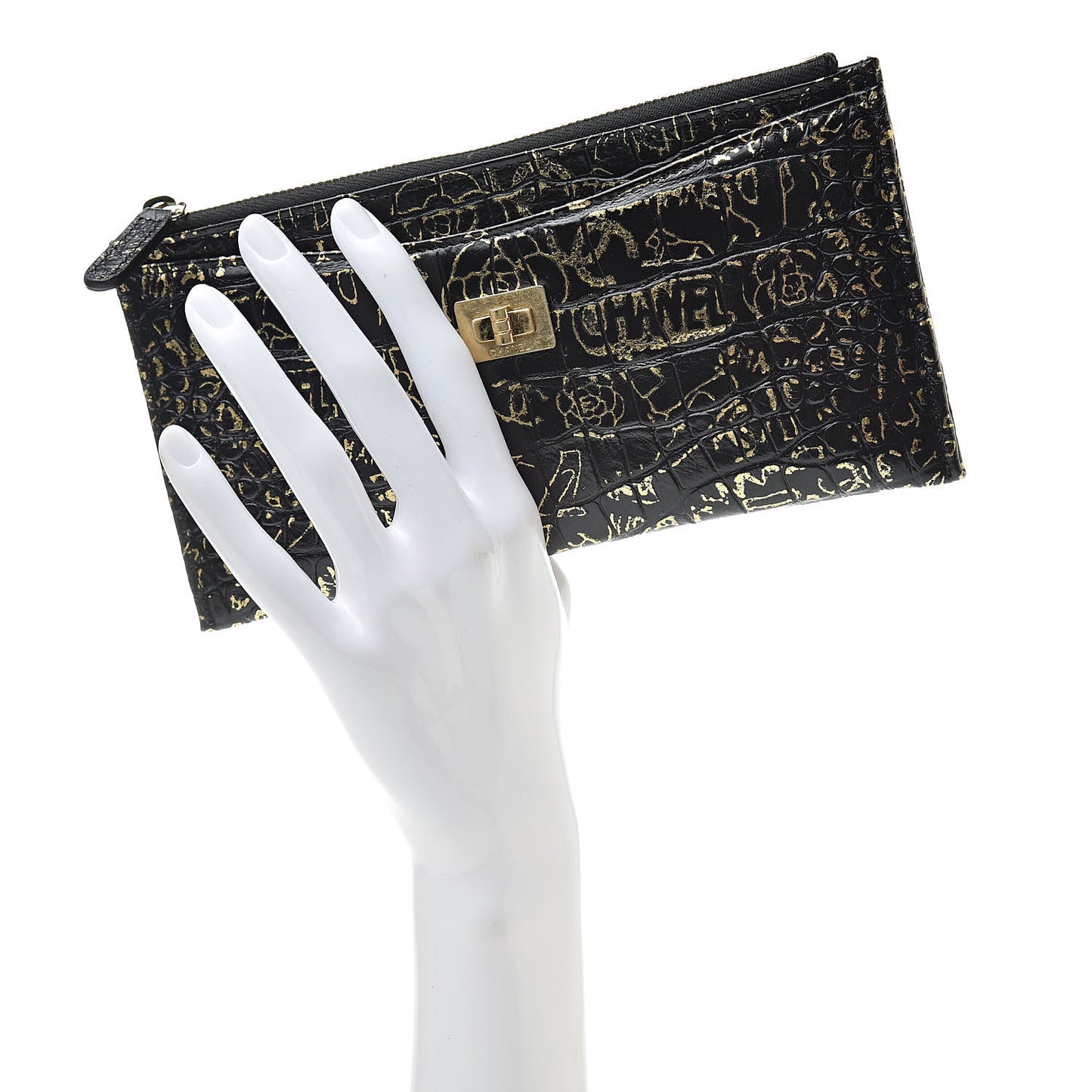 Calfskin Crocodile Embossed Graffiti 2.55 Cocodile Reissue Zip Pouch Black Gold
