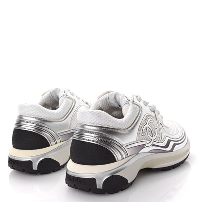 Chanel Fabric Laminated Calfskin Stretch CC Sneakers 39 White Silver 5 of 9