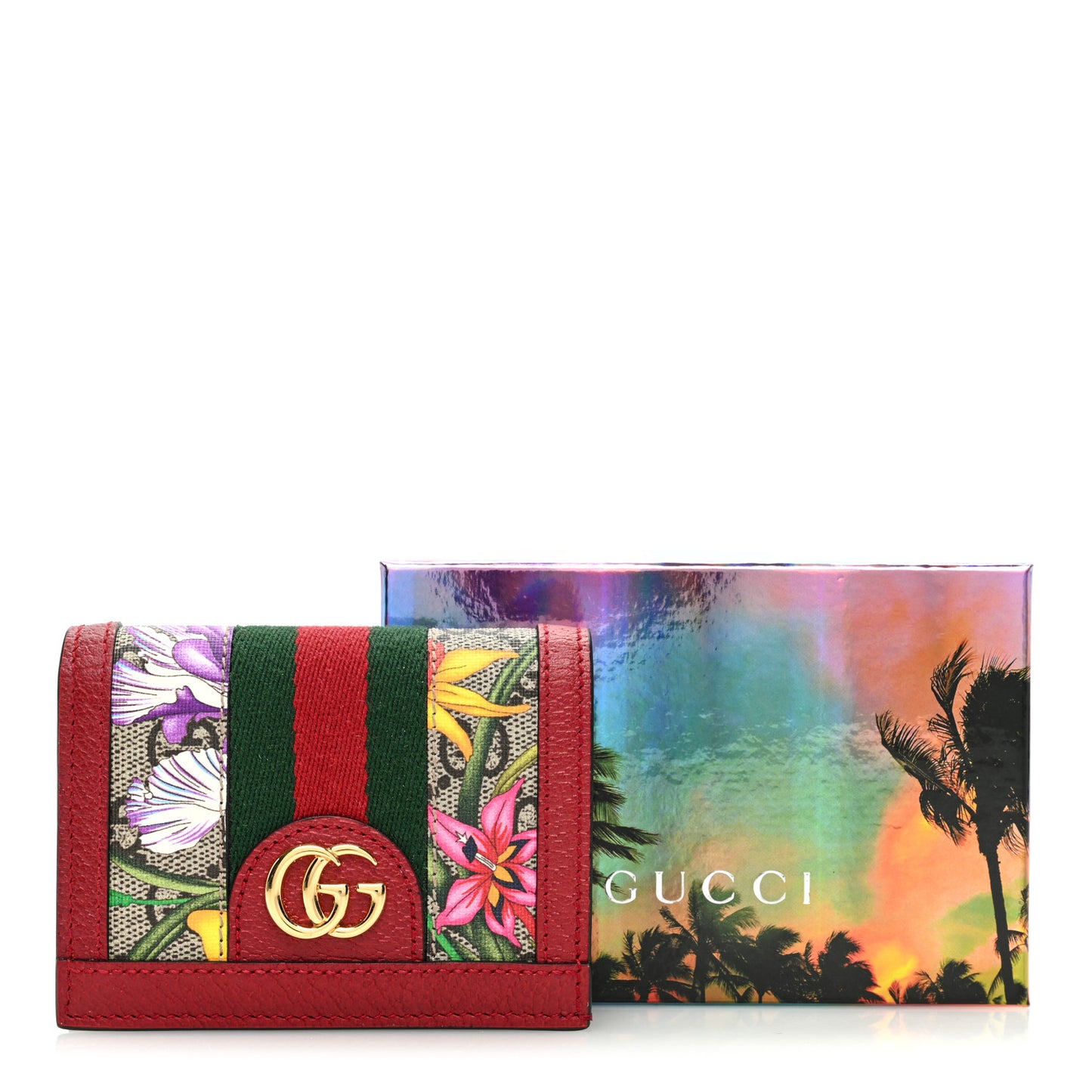 GG Supreme Monogram Flora Web Ophidia Card Case Red