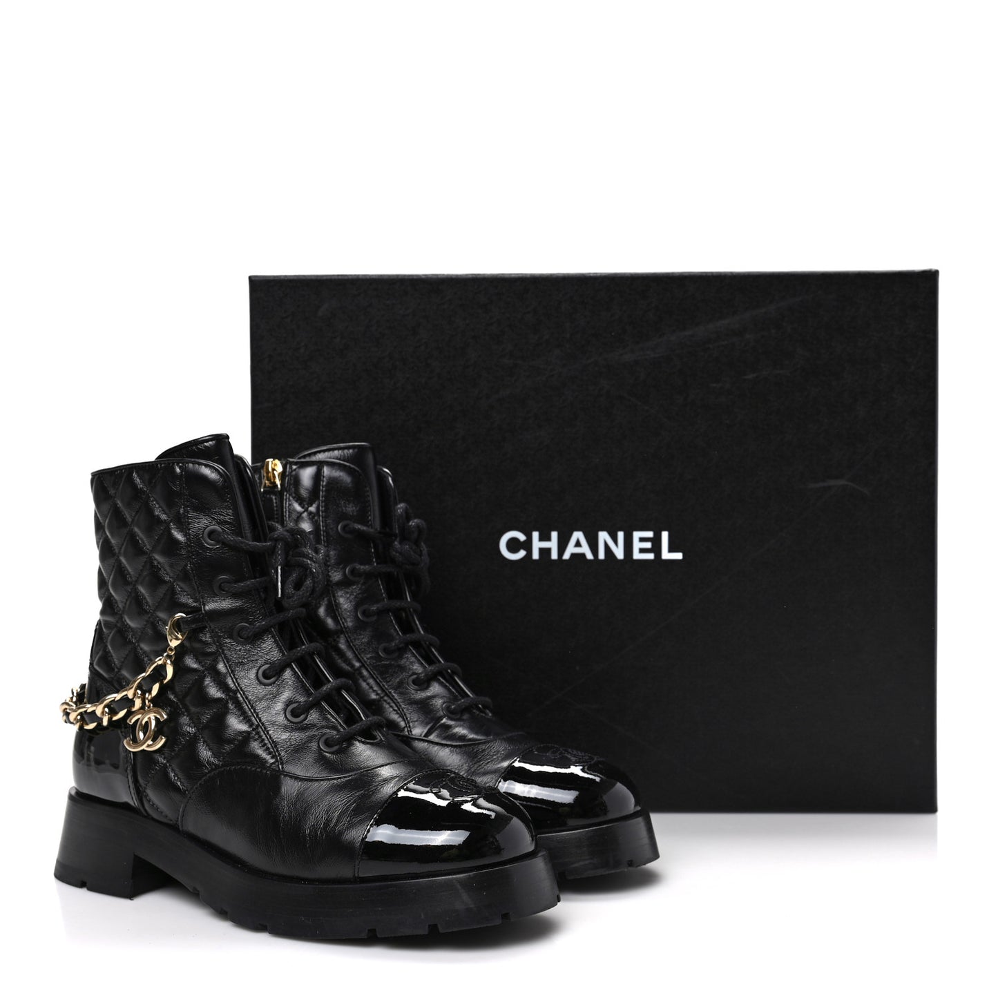 Shiny Calfskin Patent Quilted Chain Lace Up Combat Boots 37 Black
