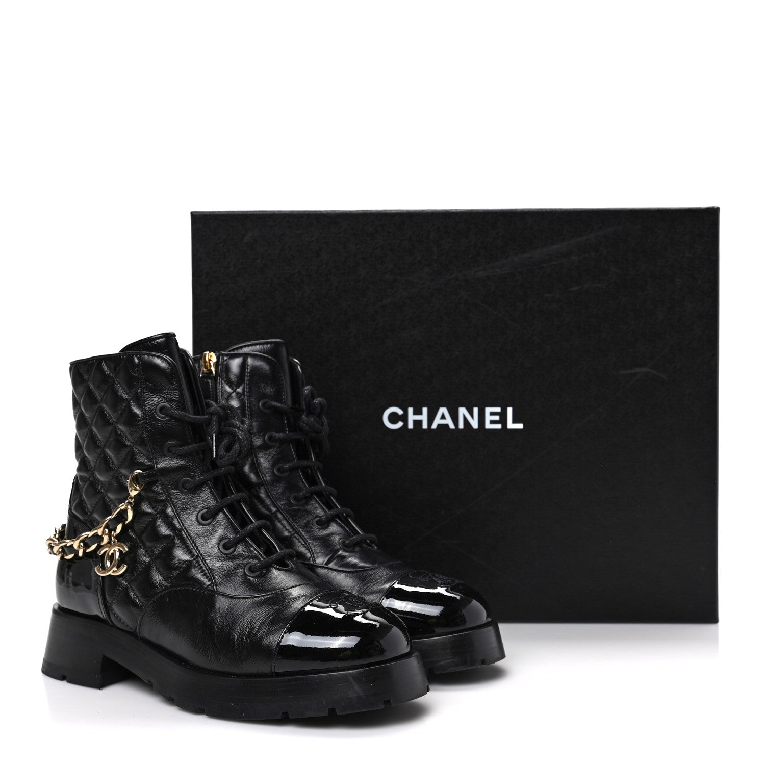 Chanel Shiny Calfskin Patent Quilted Chain Lace Up Combat Boots 37 Black 8 of 8