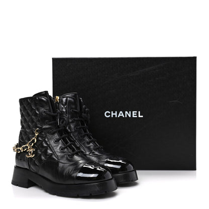 Chanel Shiny Calfskin Patent Quilted Chain Lace Up Combat Boots 37 Black 8 of 8