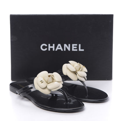 Chanel Jelly Camellia Thong Sandals 39 Black Ivory 11 of 11