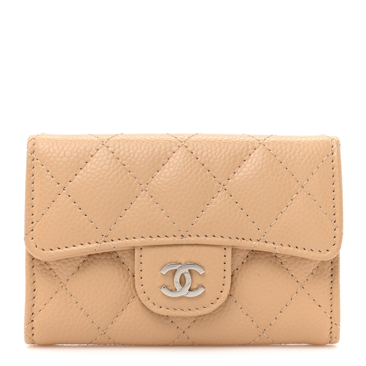 Caviar Quilted Flap Card Holder Wallet Beige