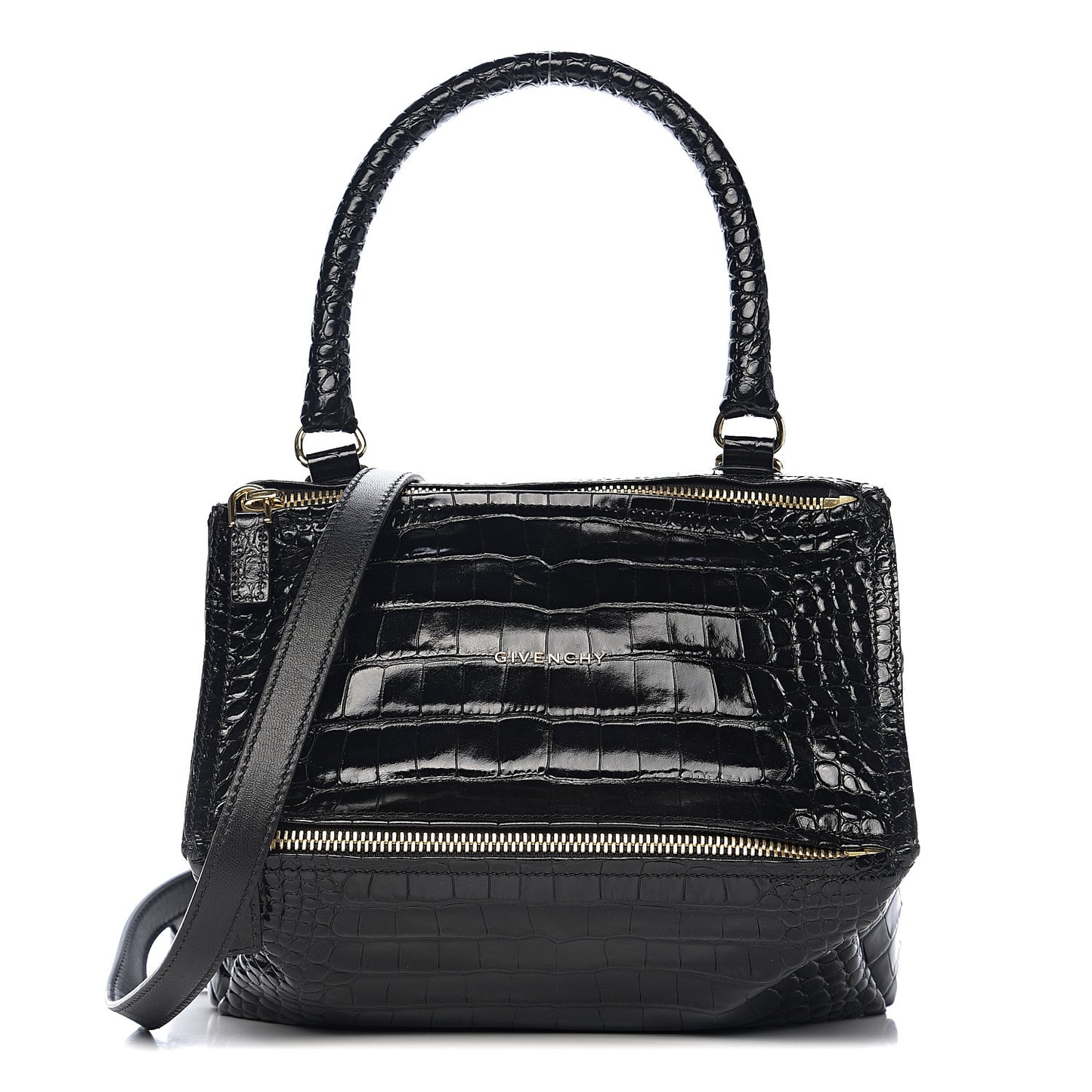 Calfskin Crocodile Embossed Small Pandora Black